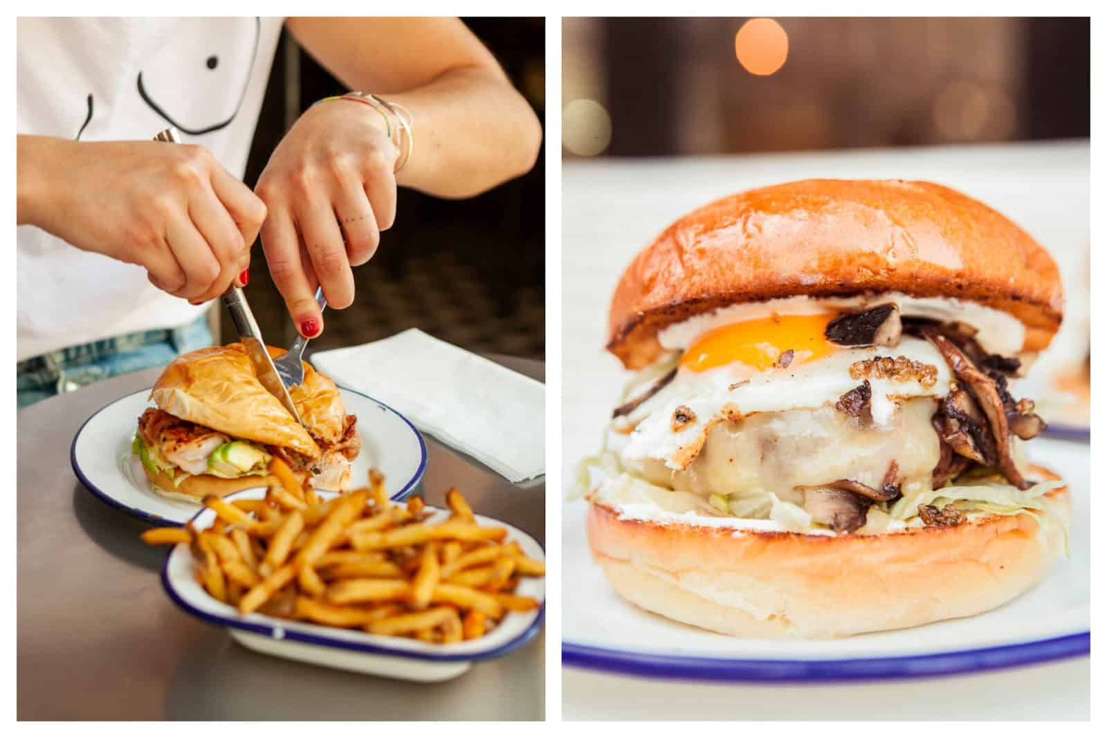 One of the best places to go for a burger in Paris is PNY for its variety of burger fillings like this grilled chicken one with crispy fries which this girl is tucking into (left). A PNY burger in Paris with original fillings like an egg and mushrooms (right).