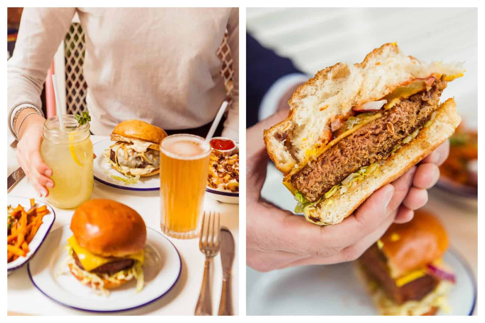 One of the best places to go for a burger in Paris is PNY for its perfect burger buns and cocktails (left). PNY burgers are filled with meaty burgers, cheese and crispy lettuce (right).