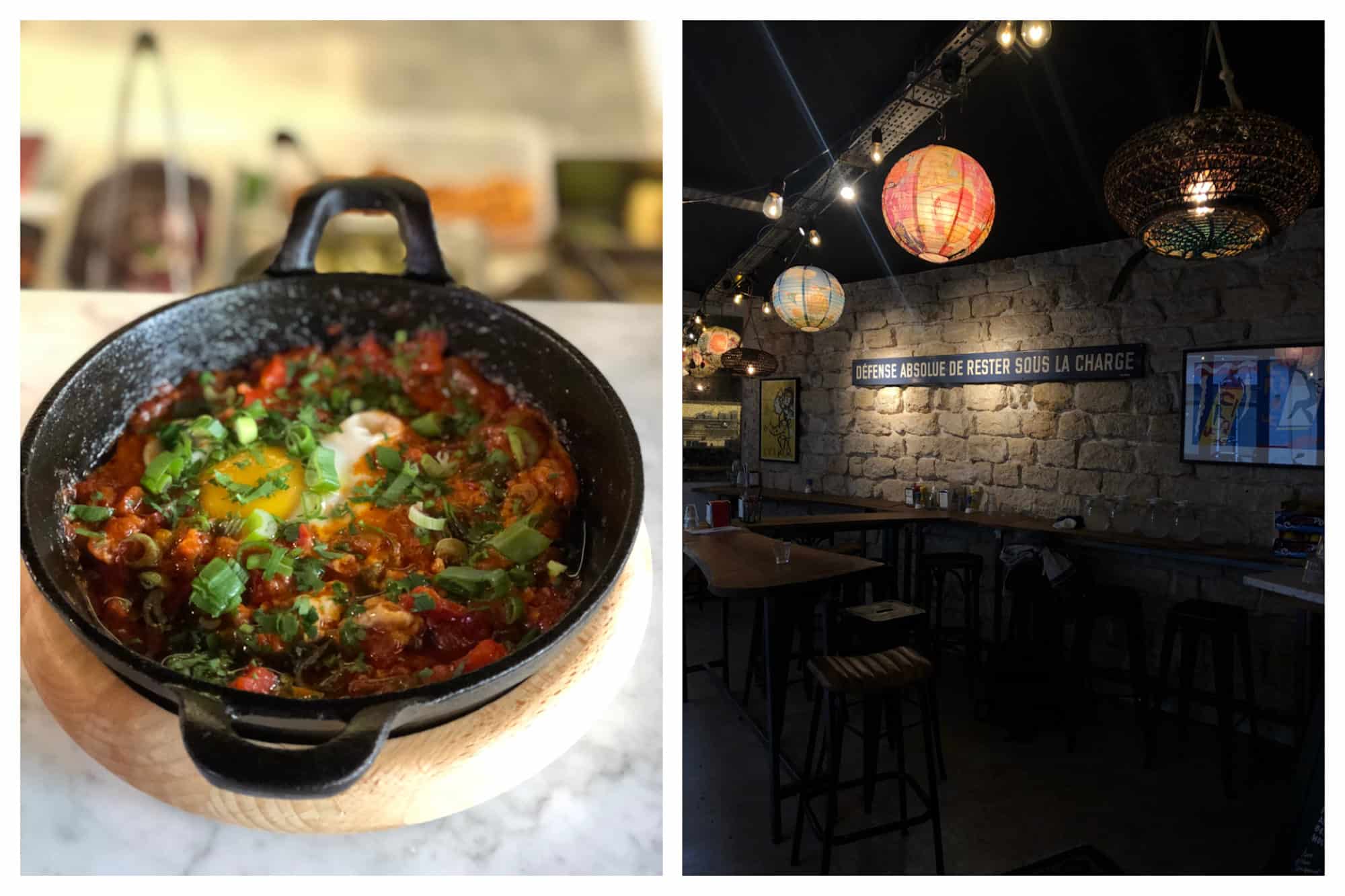 For great Israeli food in Paris' South Pigalle area, go to Saul's restaurant, which serves delicious shakshuka (left), has cozy interiors with low lighting and exposed stone walls (right) and has great views of the Sacré Coeur in Montmartre.