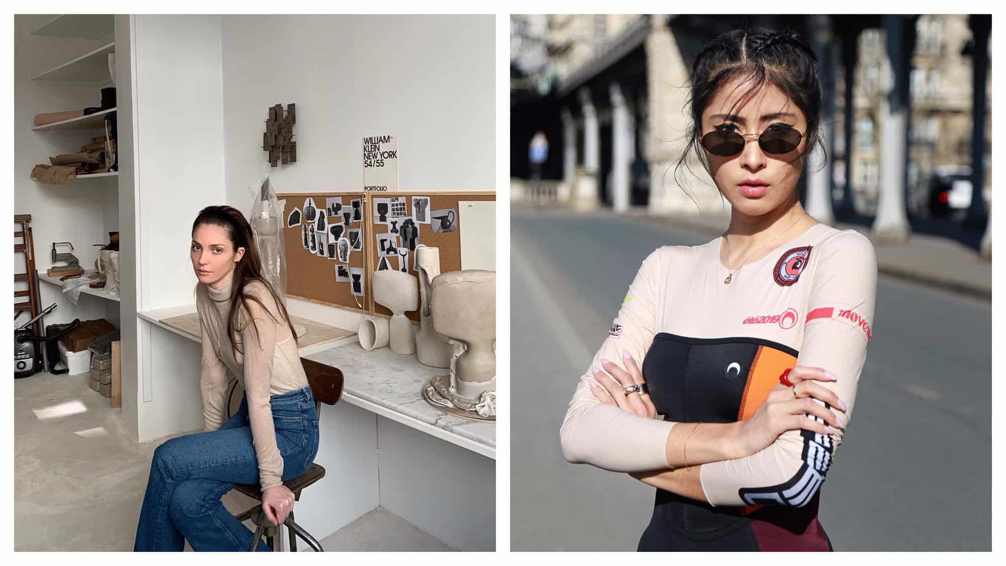 French Instagram fashion influencer Annabelle Belmondo, sitting in an artist atelier in Paris (left). Mexican fashion influencer Denni Elias in Paris (right).