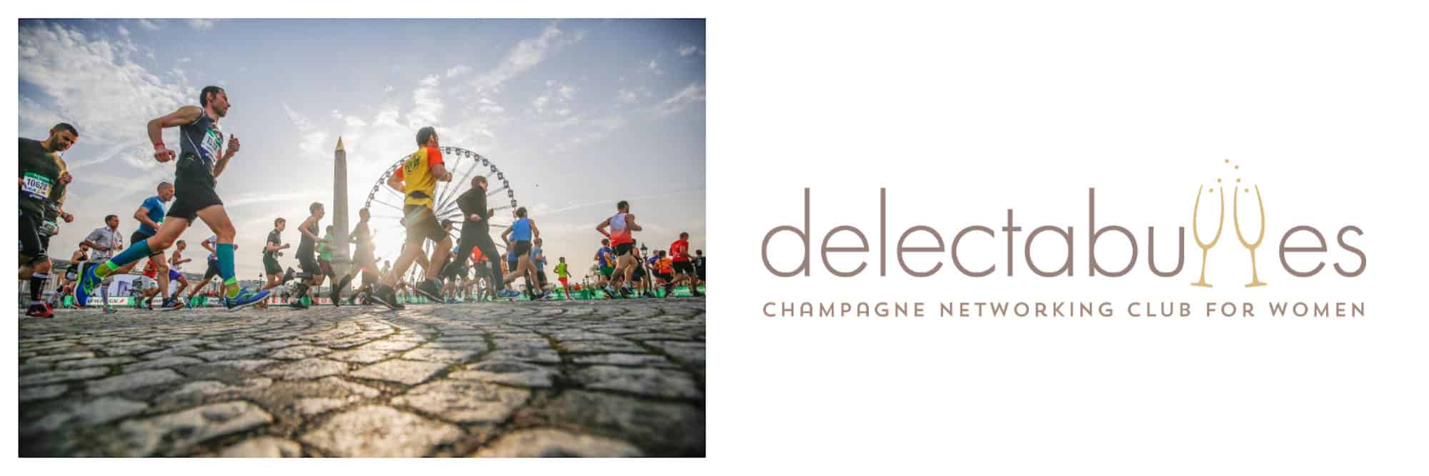 Runners during the Paris Marathon in April on Place de la Concorde (left). The logo for Delectabulles, which will be doing champagne tastings this April in Paris (right).