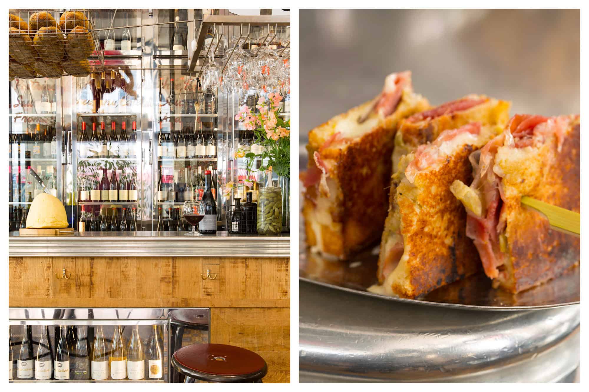 L'avant Comptoir du Marché does great small plates in Paris and has an impressive wine collection (left) and tasty tapas-like bites for pre-dinner drinks (right).