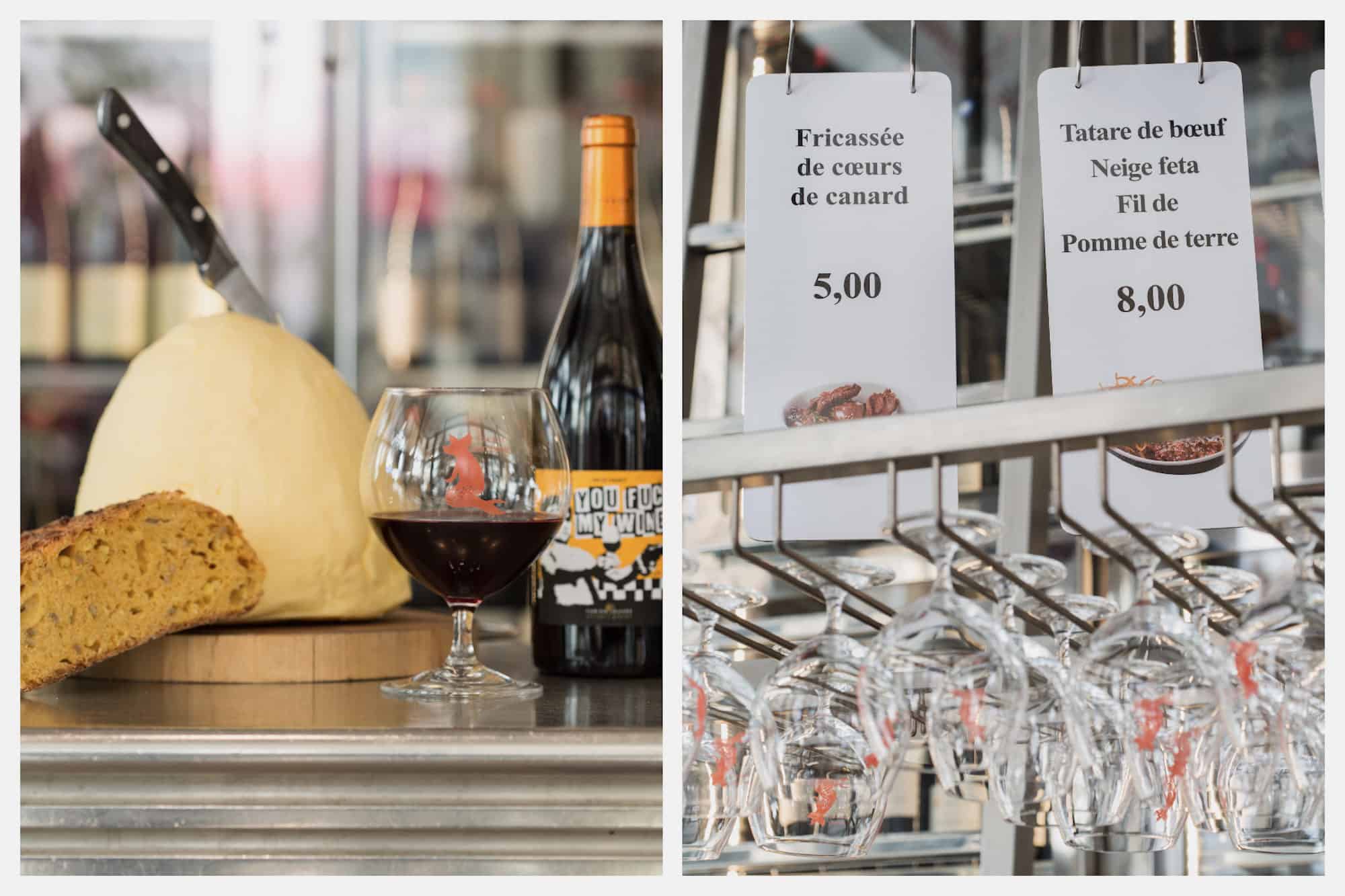 The huge handmade butter and a glass of biodynamic wine at small plates restaurant in Paris, L'Avant Comptoir du Marché (left) where the names of the dishes hang from the ceiling (right).