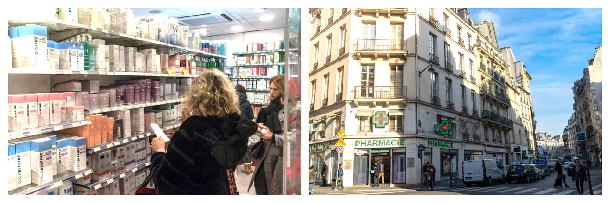 Shopping for discounted French beauty products at pharmacy Citypharma in Paris (left). Outside the best place to buy French beauty products in Paris, Citypharma (right).