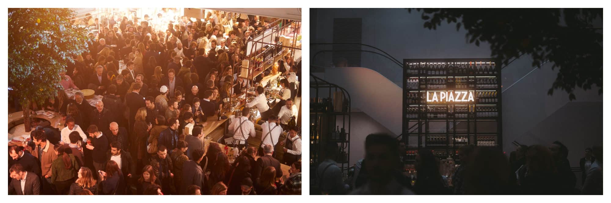The crowds of punters at Eataly, the new epicenter for Italian food in Paris, come to enjoy a Spritz or two after work (left). The 'La Piazza' neon sign on the exterior of the Eataly buliding in Paris (right).