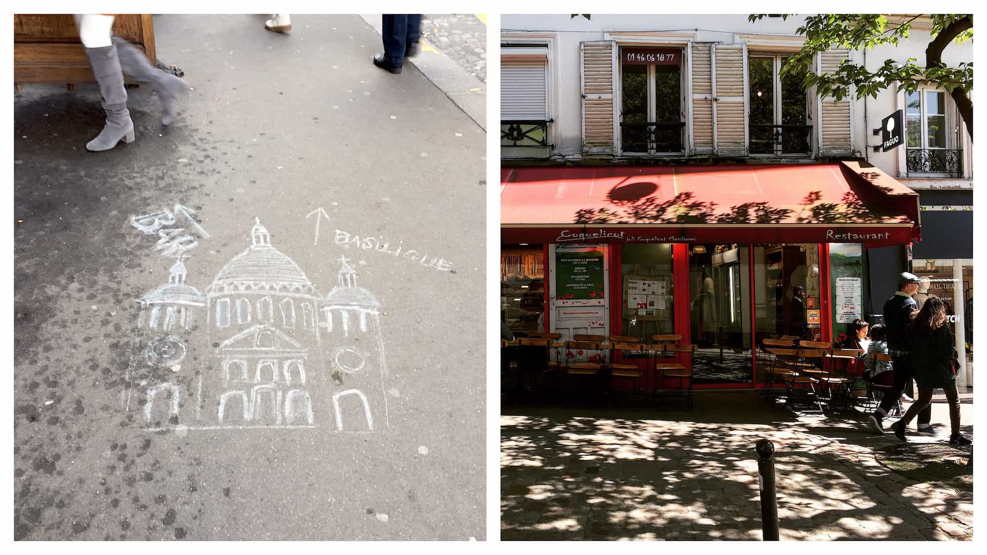A chalk drawing of the Sacré Coeur Basilica in Montmartre on a sidewalk in Paris (left). A quaint bistro lined by a terrace on a tree-lined square in Paris in summer (right).