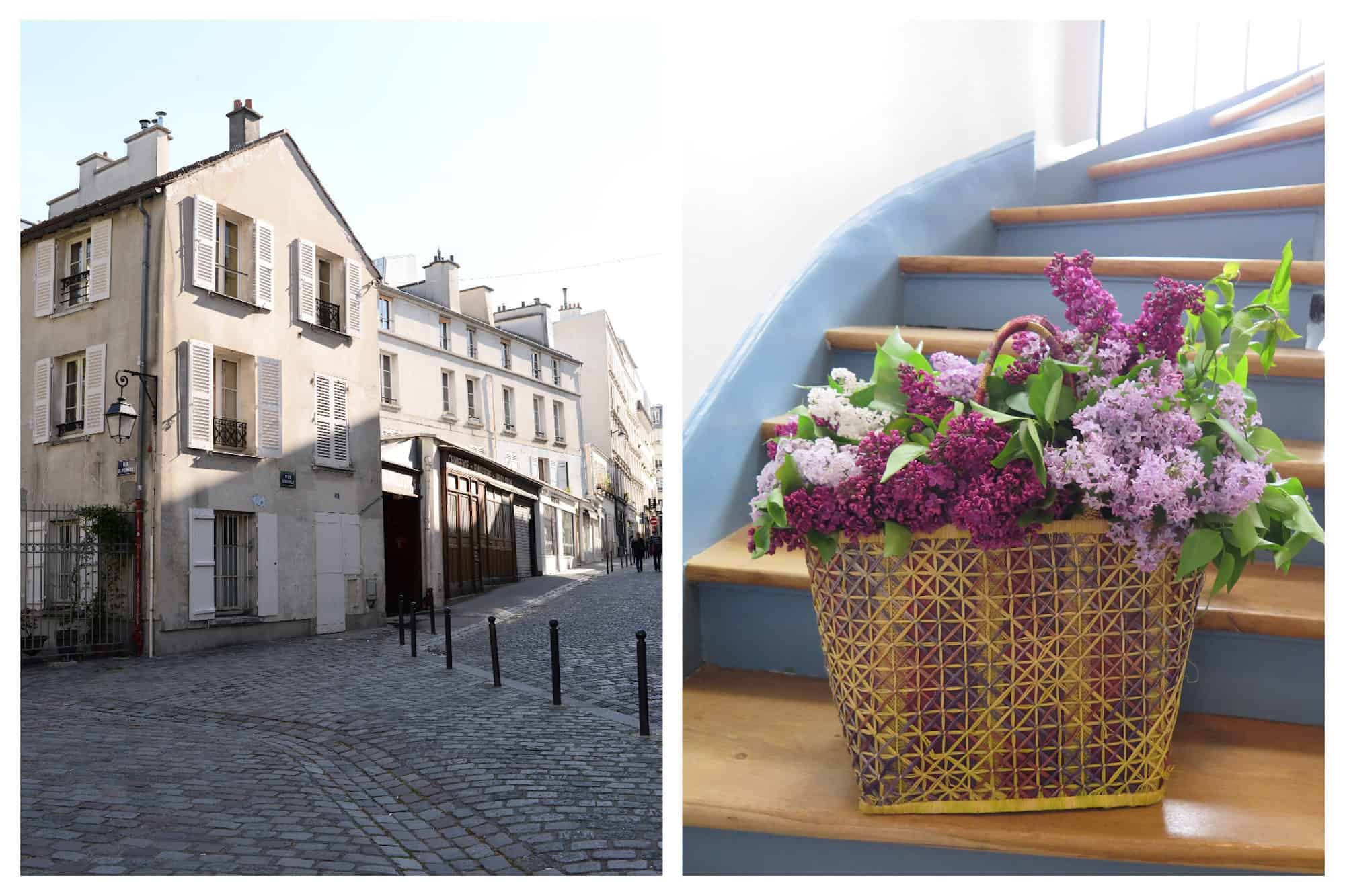 An old house on a cobblestone street in Montmartre in Paris, near the wall of I love yous (left). A basket of beautiful fuchsia and lilac flowers set on a wooden staircase inside a Parisian apartment building (right).
