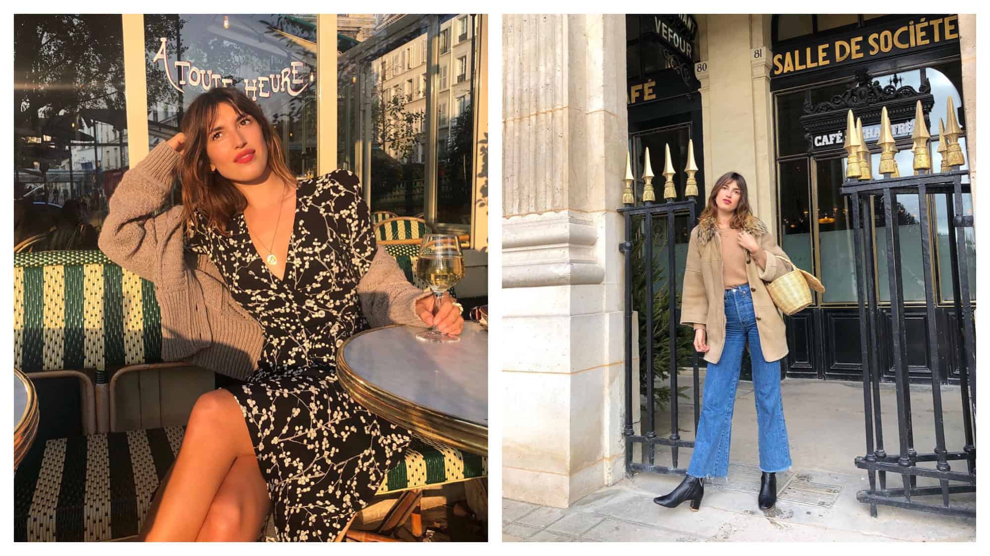 French Instagram fashion influencer Jeanne Damas, sitting at a Parisian café with a glass of wine in the sun (left). Jeanne Damas at the Jardin du Palais Royal in Paris, wearing flared frayed jeans and a Jane Birkin style basket as a handbag (right).