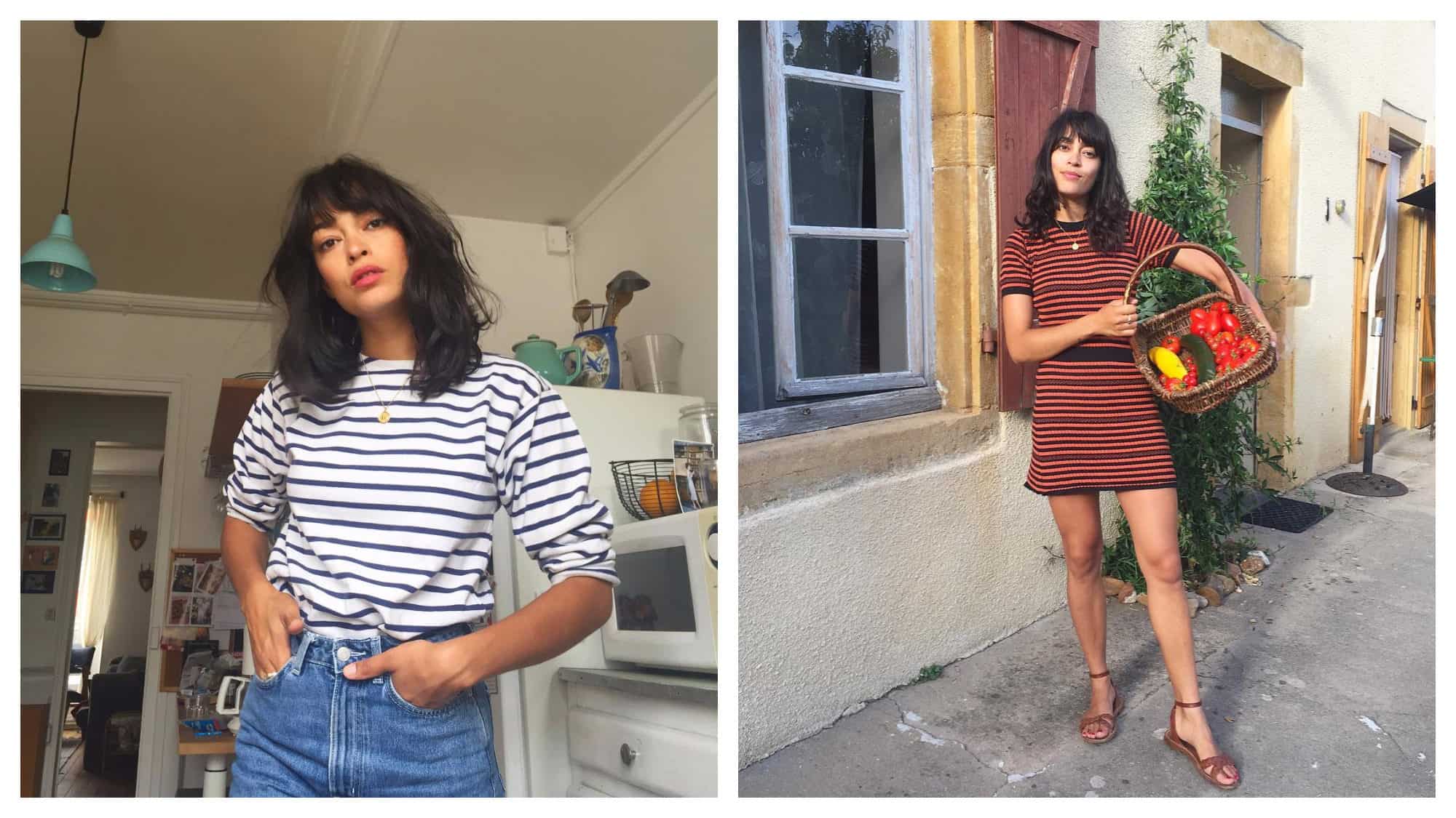 Instagram French fashion influencer Julia Jean-Baptiste, wearing a striped white and navy top with jeans (left) and seen here, wearing a striped max dress, carrying a basket of tomatoes (right).