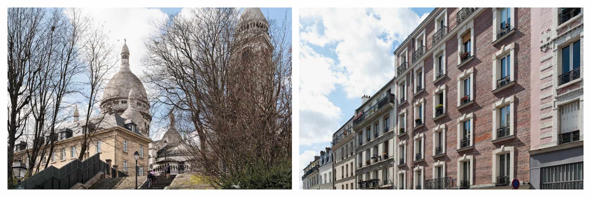 A view of the Sacré Coeur Basilica through bare trees in the winter in Paris (left). A row of apartment buildings that line a street in Paris (right).