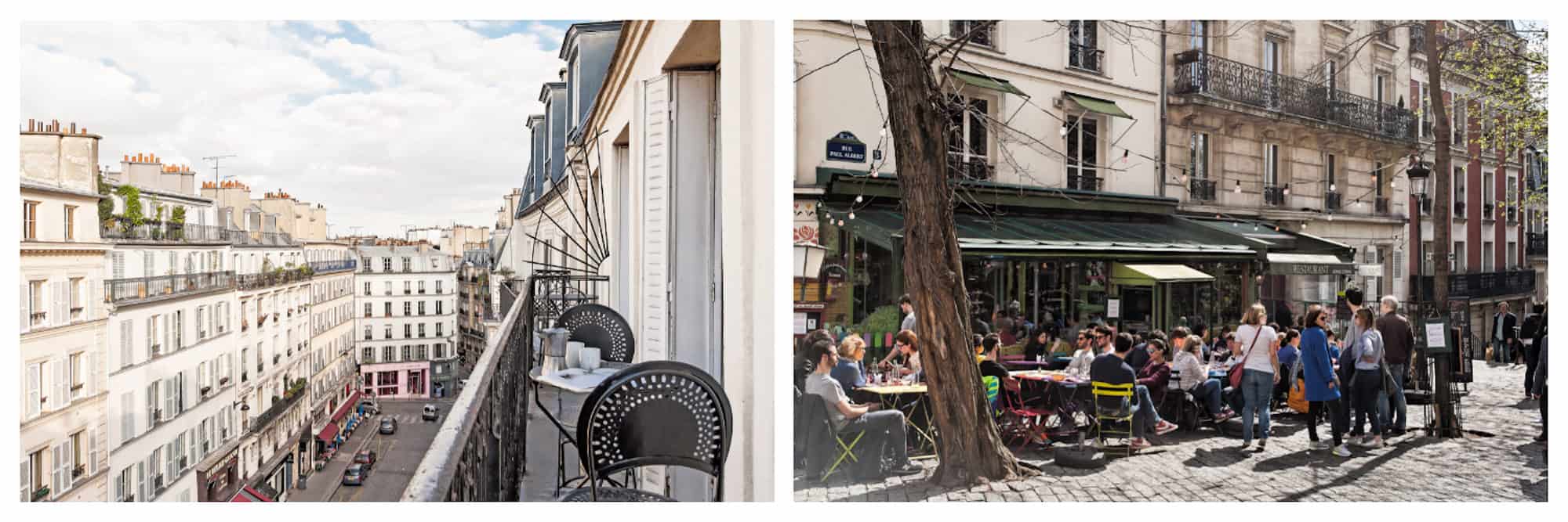 The view of a Paris street from the balcony of an apartment (left). A café in Montmartre in Paris, on a cobblestone square, where people are sat a tables outside, enjoying the sunshine (right).