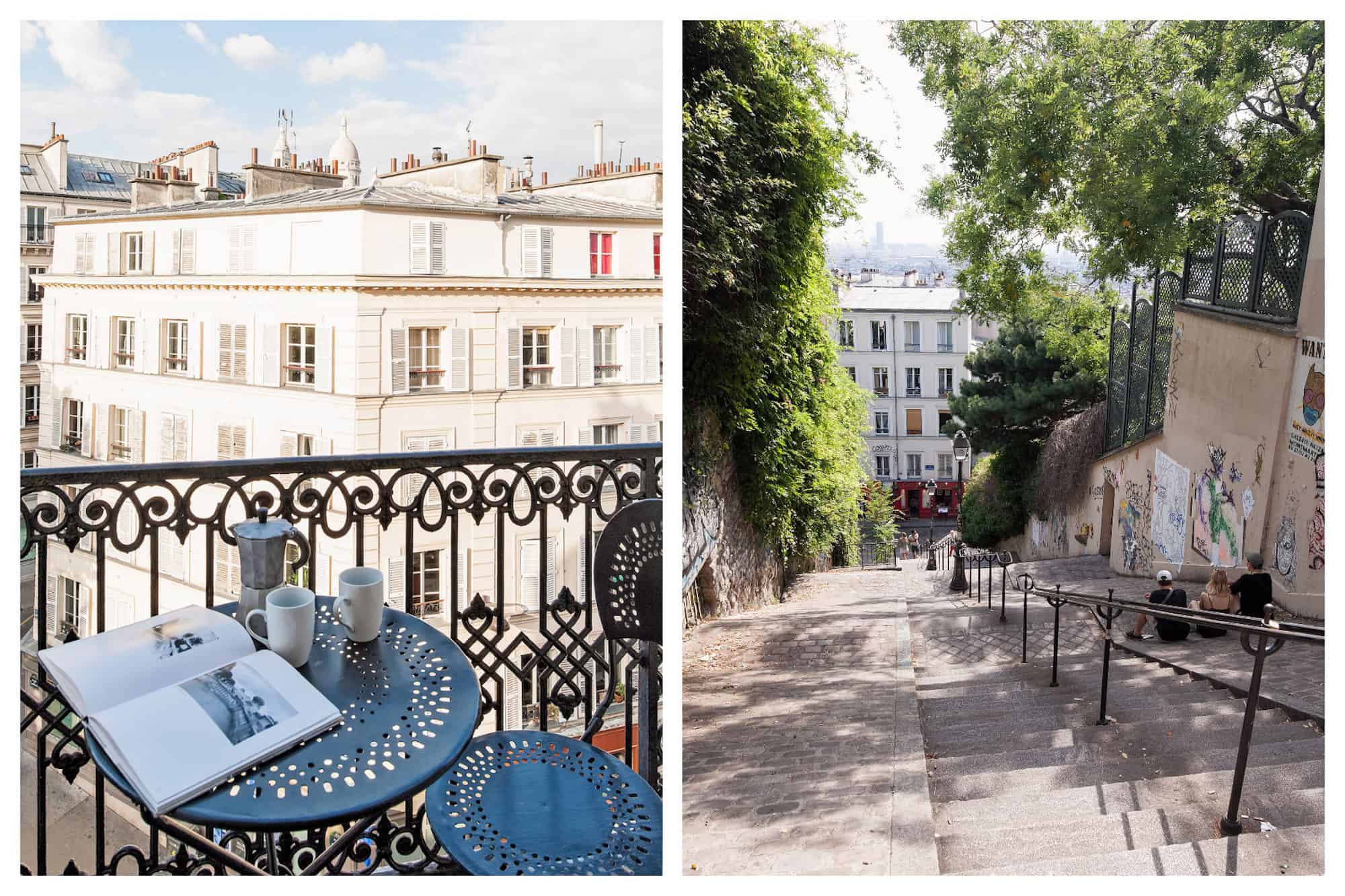 A table, two cups and a coffee pot on a table set up on the balcony of Parisian apartment, with a view of the sunny street (left). The narrow stone stairs leading up to Montmartre hill in Paris, lined by leafy trees (right).
