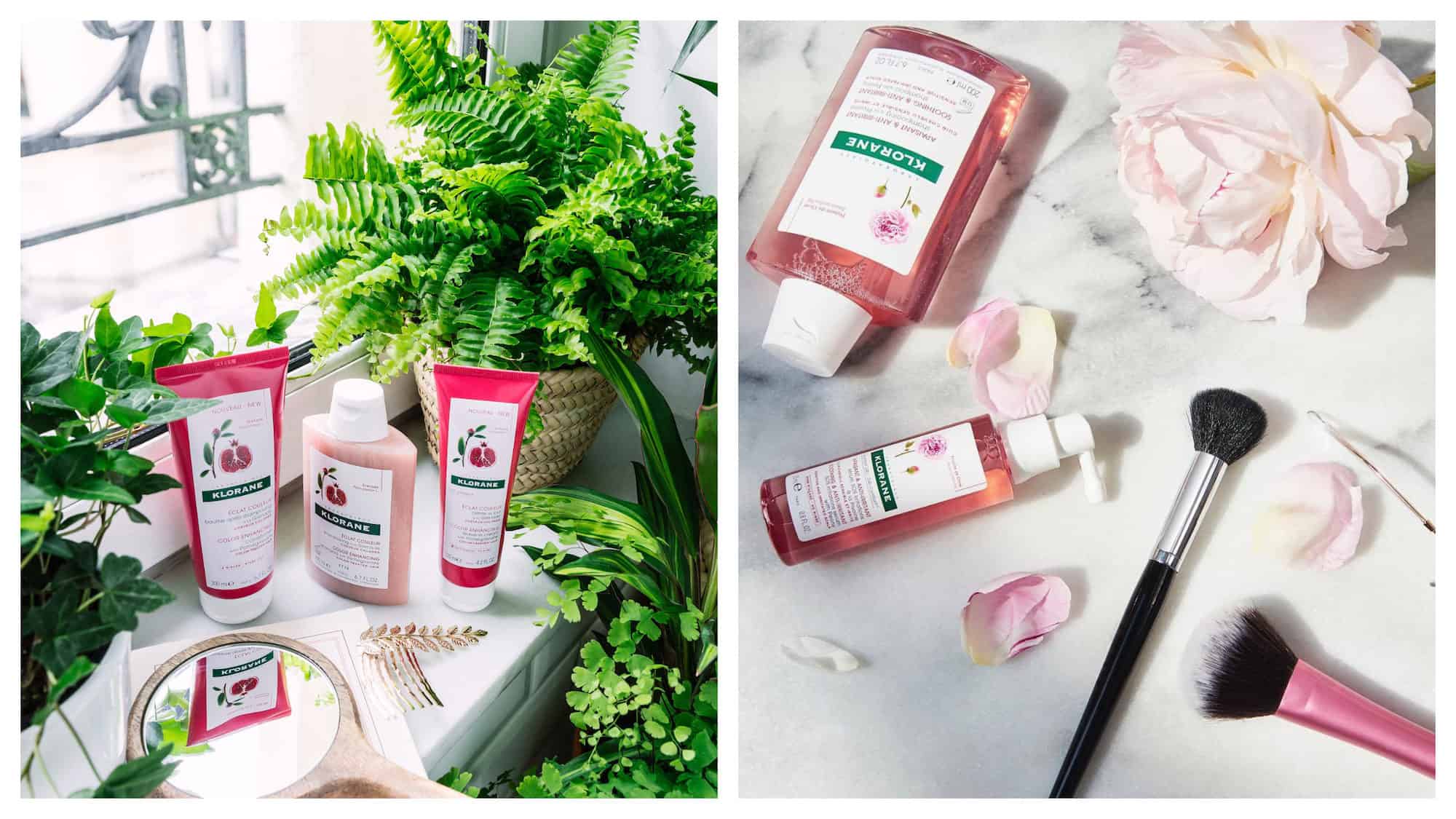 Buy French beauty products for less in Paris, like these Klorane hair care products set up next to leafy green plants on a windowsill (left). And these Klorane lotions and potions arranged on a marble top next to makeup brushes and rose petals (right).