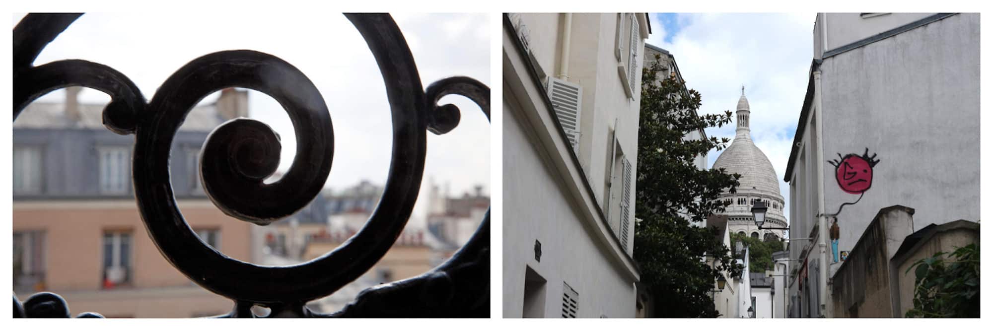 A detail in the wrought iron balcony of a Parisian apartment (left). A view of the Sacré Coeur Basilica at the end of a narrow lane, with a pink balloon painted on the right-hand wall (right).