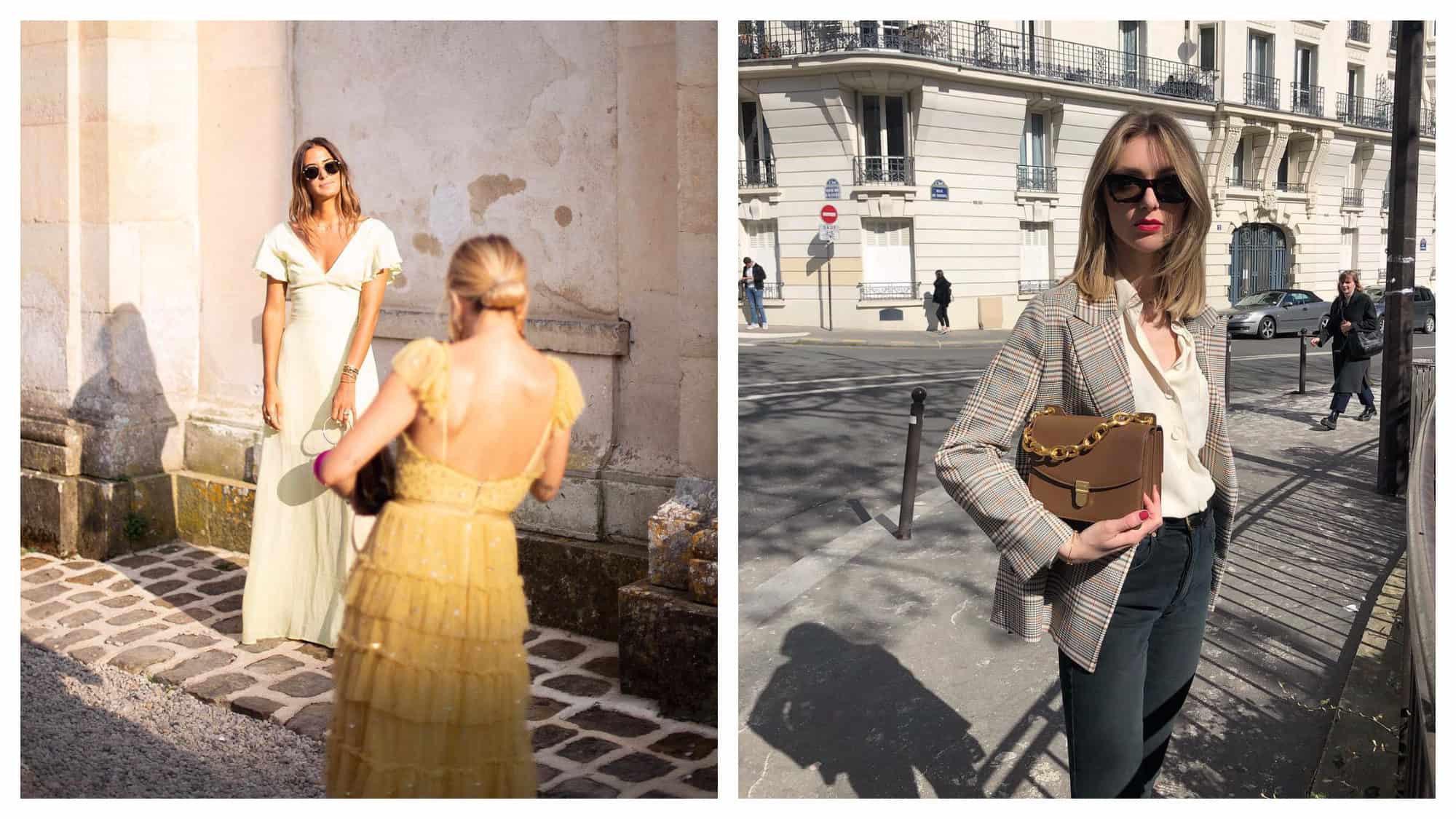 Margot Rousseau, fashion editor at Glamour magazine in Paris, taking a picture of Emma Ratajkowski (left). Paris Instagram fashion influencer Lucie Mahé holding a brown handbag posing in a Paris street (right).