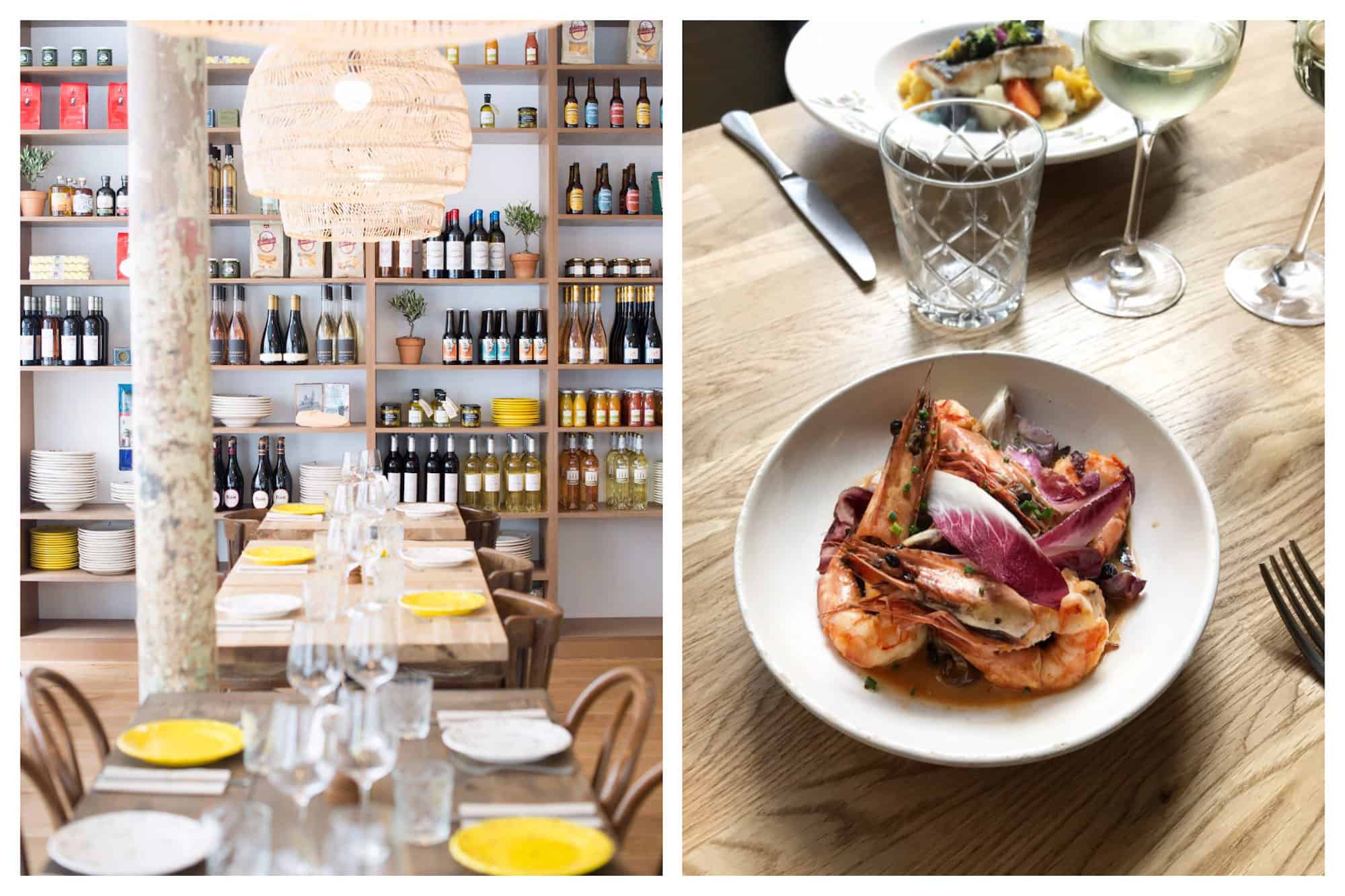 One of go-to places for having small plates in Paris, is A L'Ombre restaurant for the food, like tasty gambas salad (right) and the bright and light interiors, along with the wine collection,which lines the back wall (left).