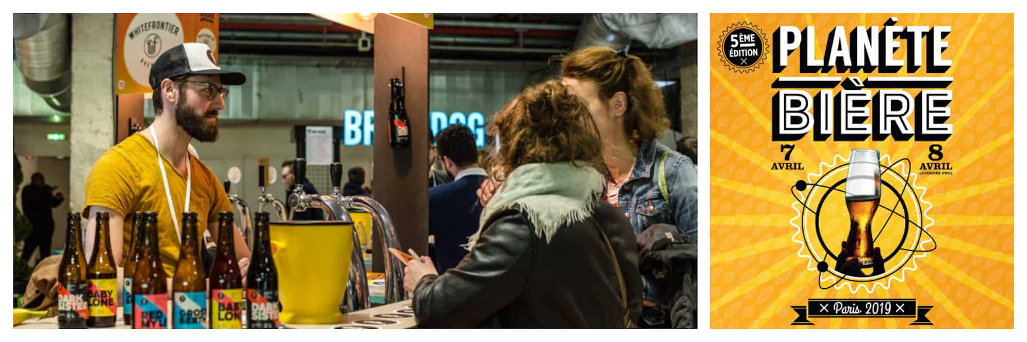 Events in Paris in April include beer festival Planète Bière, where visitors can taste lots of different beers like these two ladies at a bar at the event (left). The flyer for the Planète Bière beer festival in Paris in April (right).
