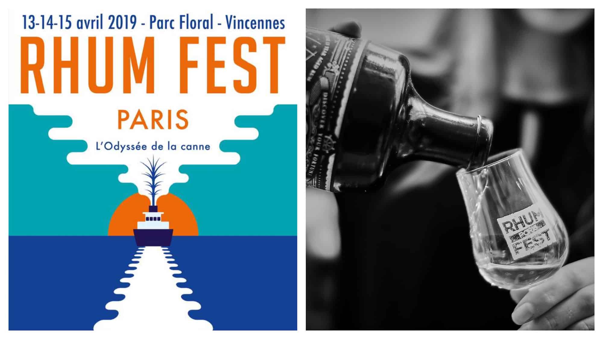 A poster for the Paris rum festival in April with a block painting of a boat out to see (left). Someone pouring rum into a glass at the Paris rum festival (right).