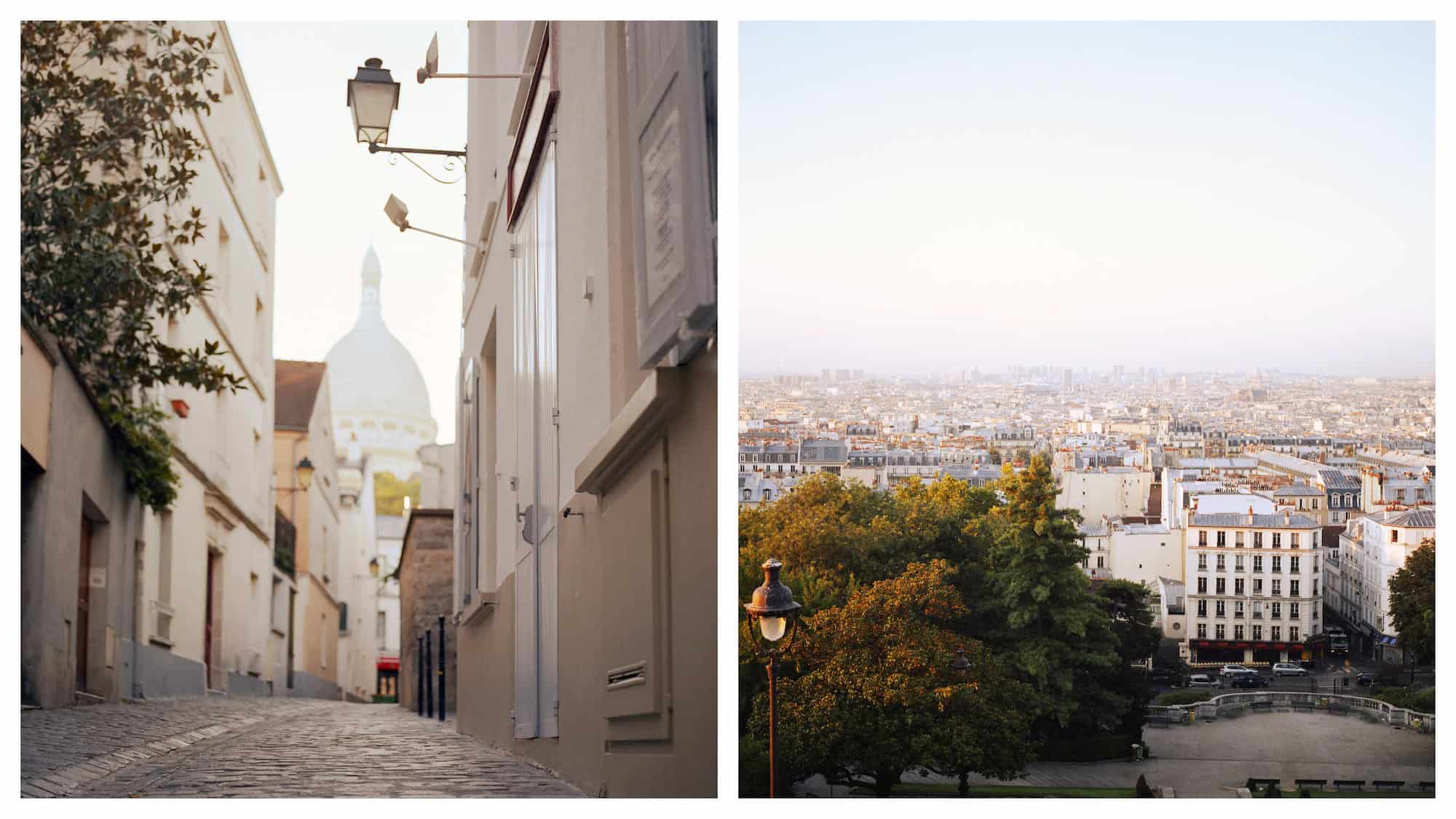 A quiet cobblestone street leading up the the Sacré Coeur Basilica in Montmartre, Paris (left). A panoramic view of the Paris rooftops from the Sacré Coeur in Montmartre (right).