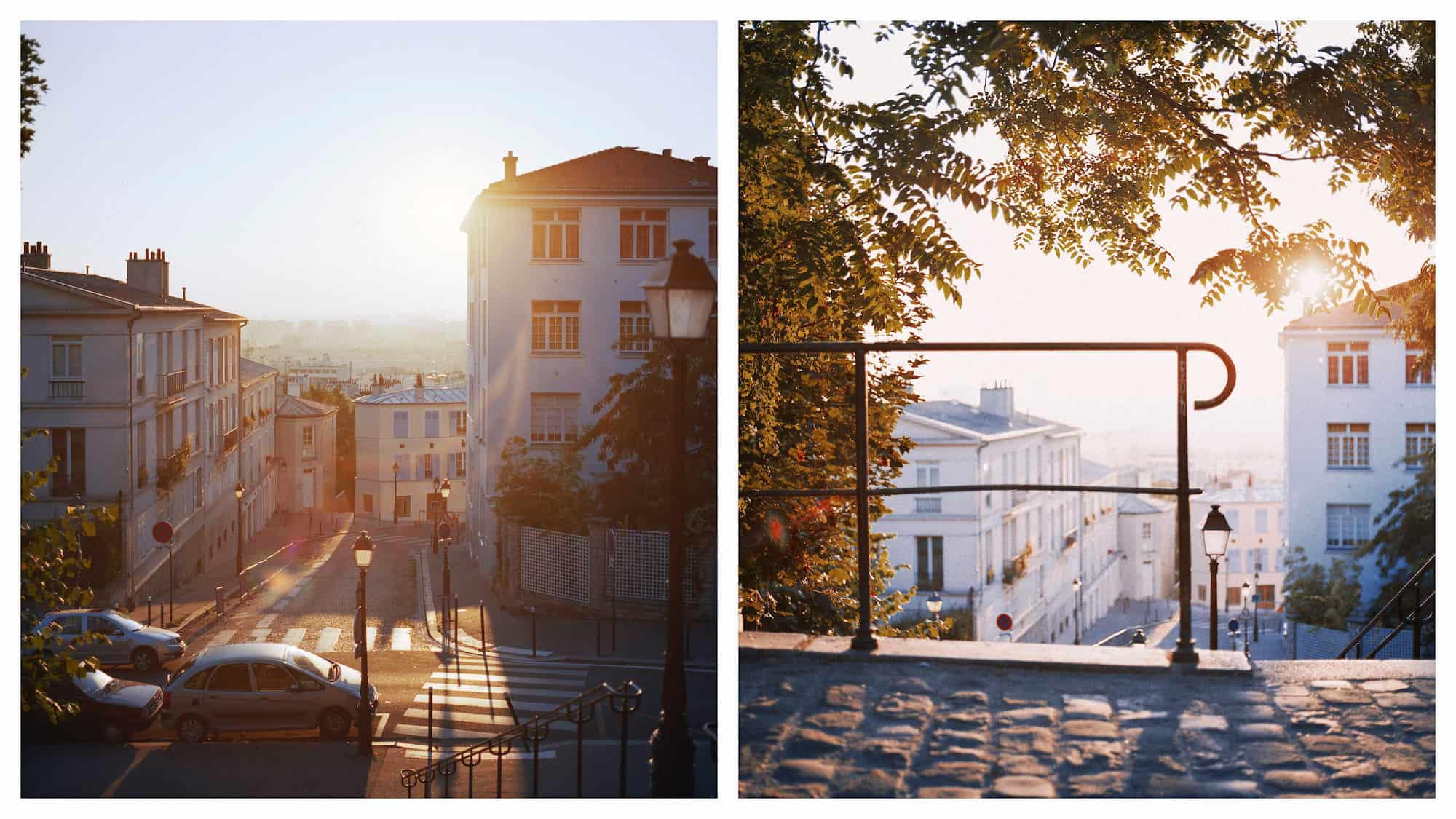 A sleepy street bathed in golden sunlight as the sun rises in Montmartre in Paris (left). The cobblestone stairs of Montmartre bathed in golden sunlight  in spring (right).