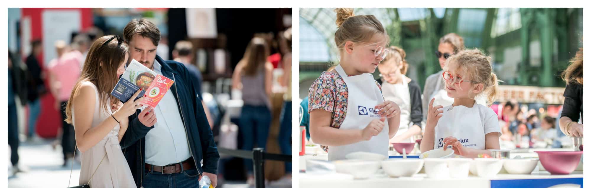 The annual food festival Taste of Paris takes place each May in Paris where people come to explore the different stalls (left) and there are also kids' workshops (right).