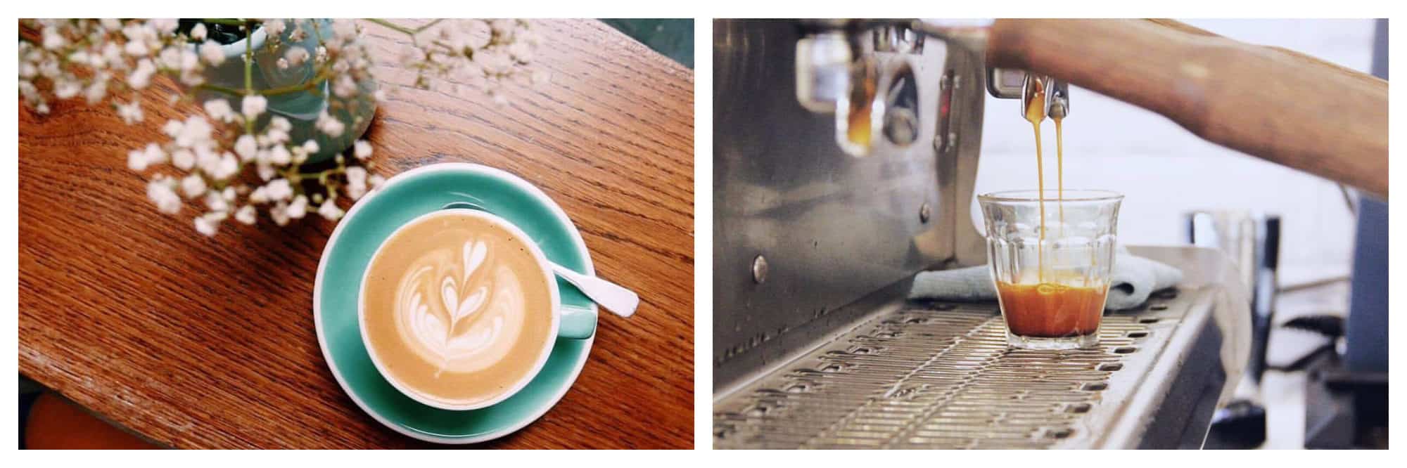 Alternative co-working spaces in Paris include 5 Pailles, which does pretty lattés in turquoise ceramanic cups (left) and is known for having a good barista (right).