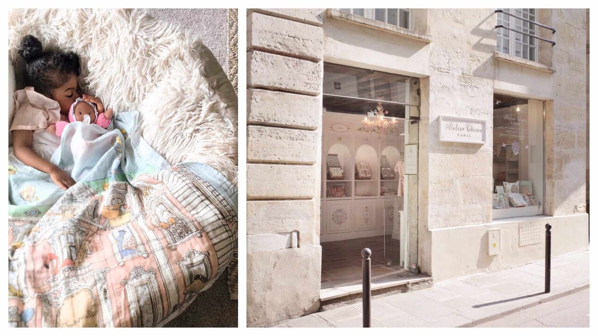 A little girl sleeping with her doll in a fluffy cushion chair (left). Outside Atelier Choux, a Parisian store for kids' clothing (right).