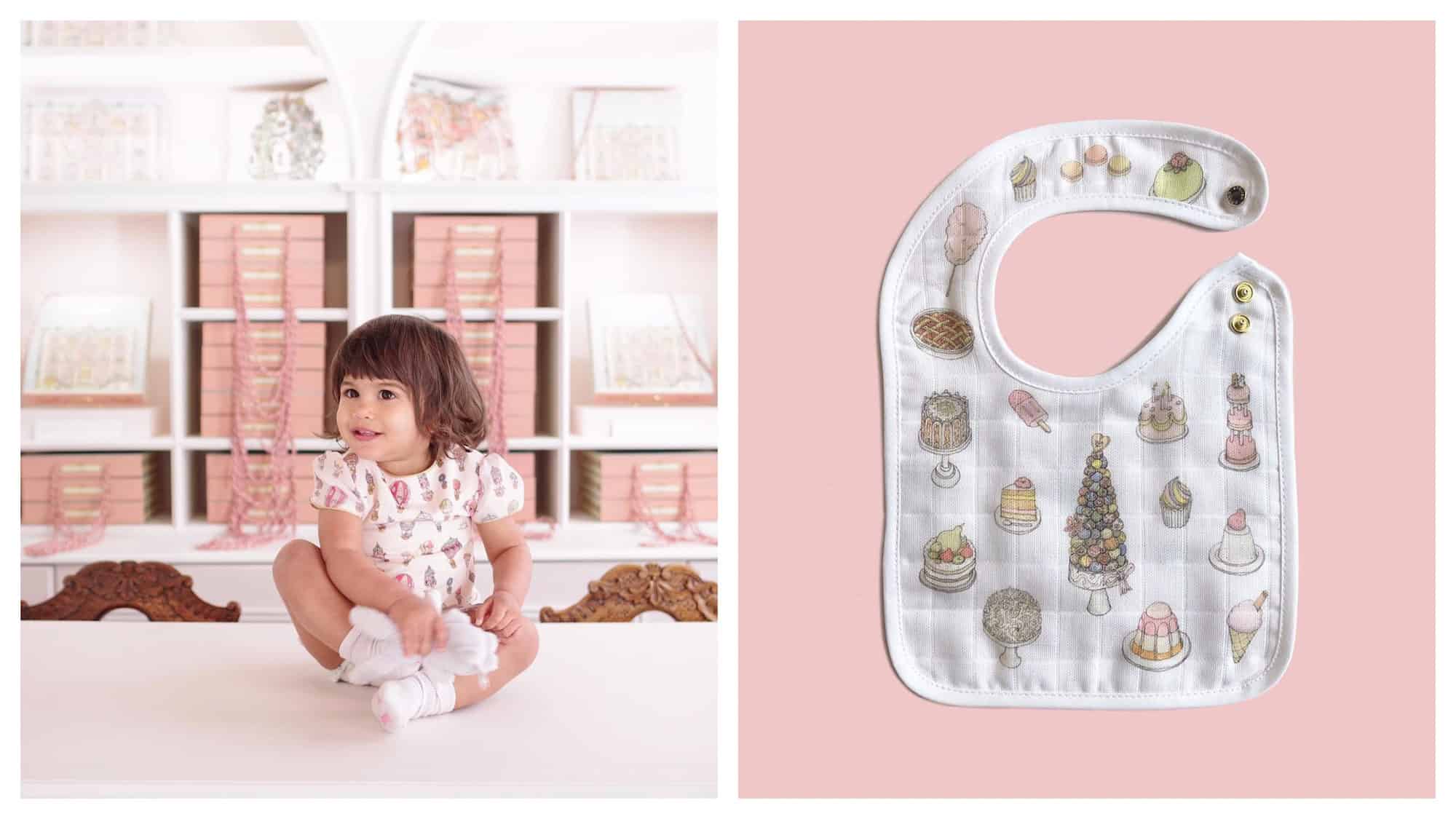 A baby girl sitting the counter of a patisserie wearing a cute outfit from Atelier Choux (left). A bib printed with cute pictures of cakes and ice creams (right).