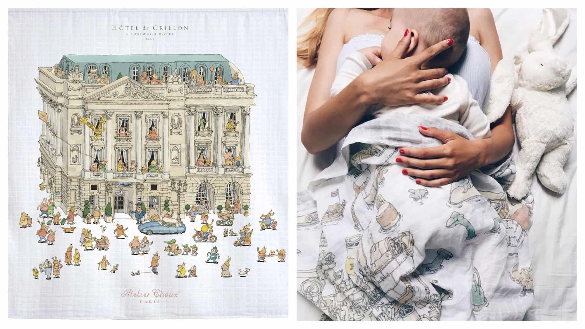 Pints by Atelier Choux Parisian baby boutique (right). A mother lying down with her baby rapped up in an Atelier Choux blanket (right).