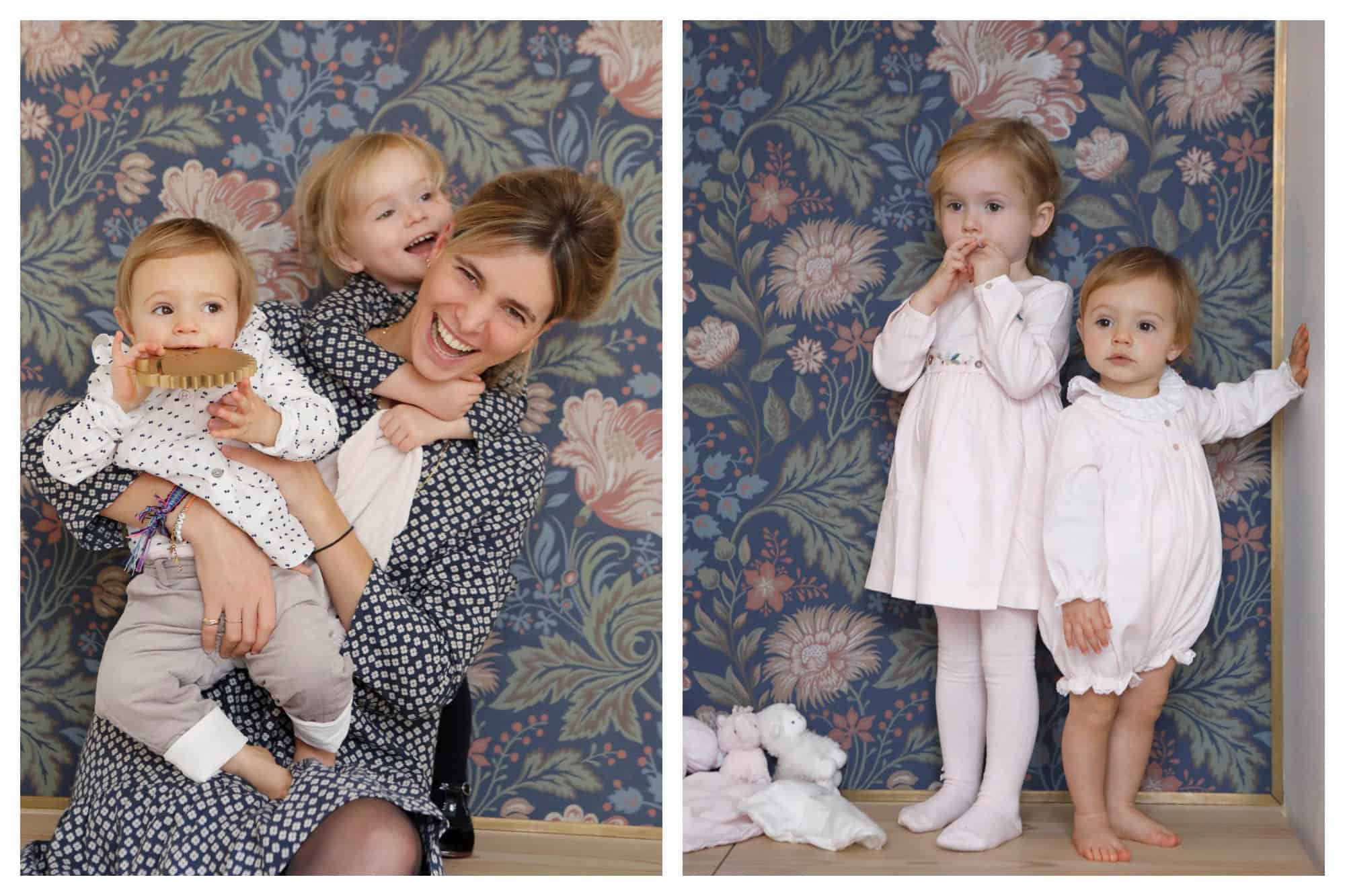 A mother laughing with her two children against a backdrop of swirling flower-print wallpaper (left). Two little girls standing in front of the same wallpaper, dressed in outfits from Tartine et Chocolat (right).