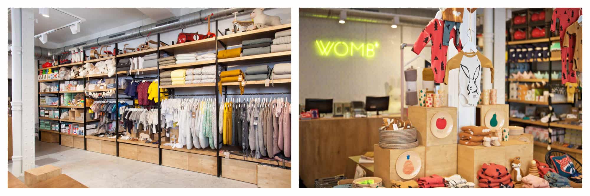 Clothing rails and shelves at Paris kids' store WOMB (left). A display of clothes at WOMB (right).