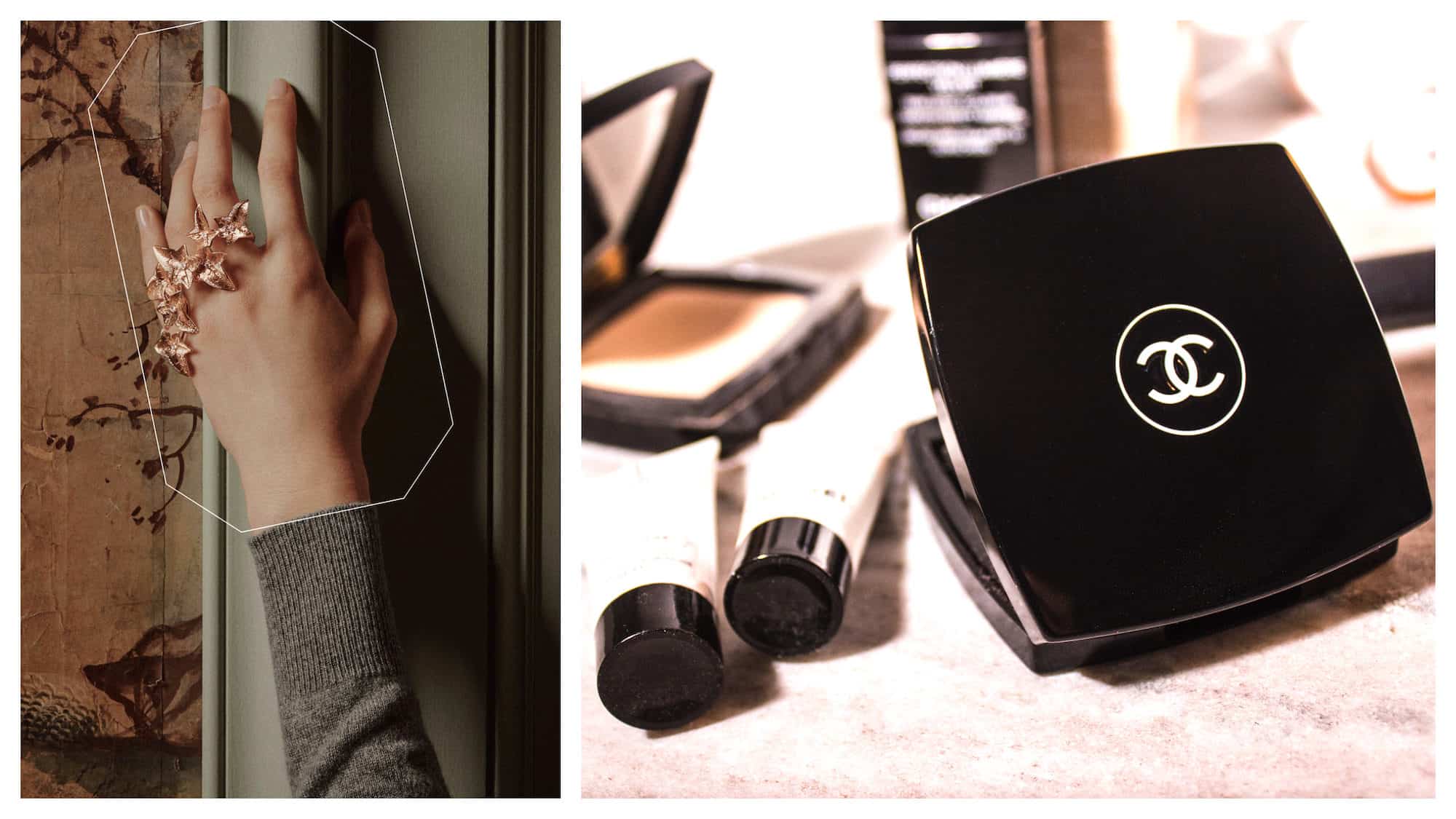 Boucheron on Place Vendome in Paris is one of France's most-loved jewelry brands for its rings (left) and Chanel is a to pick for makeup including foundation like this classic compact (right).