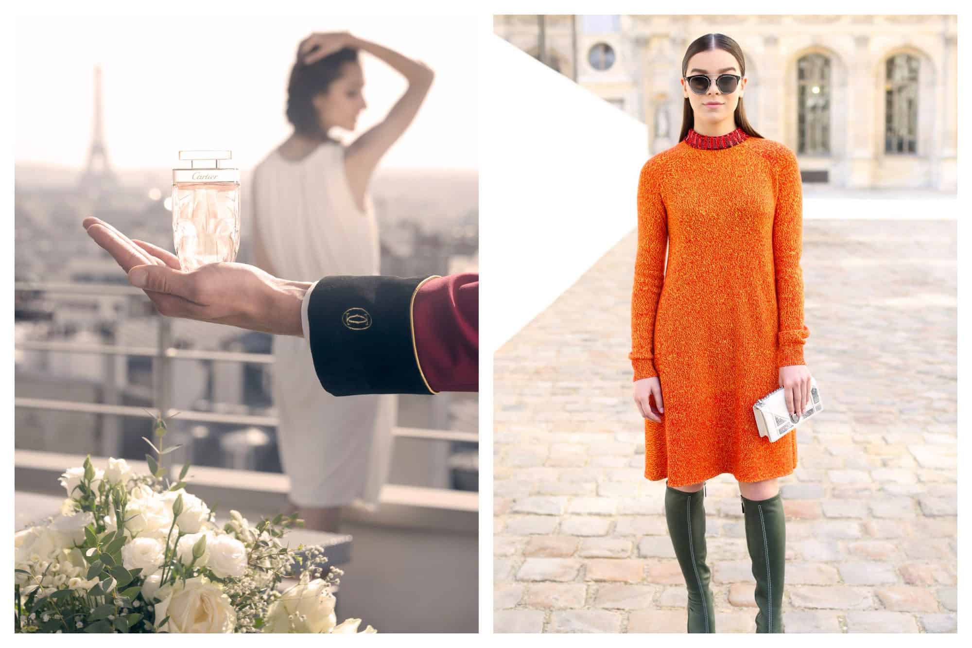 Cartier should be top of your shopping list also for its perfumes (left), as well as Dior for its striking outfits like this casual orange dress (right).