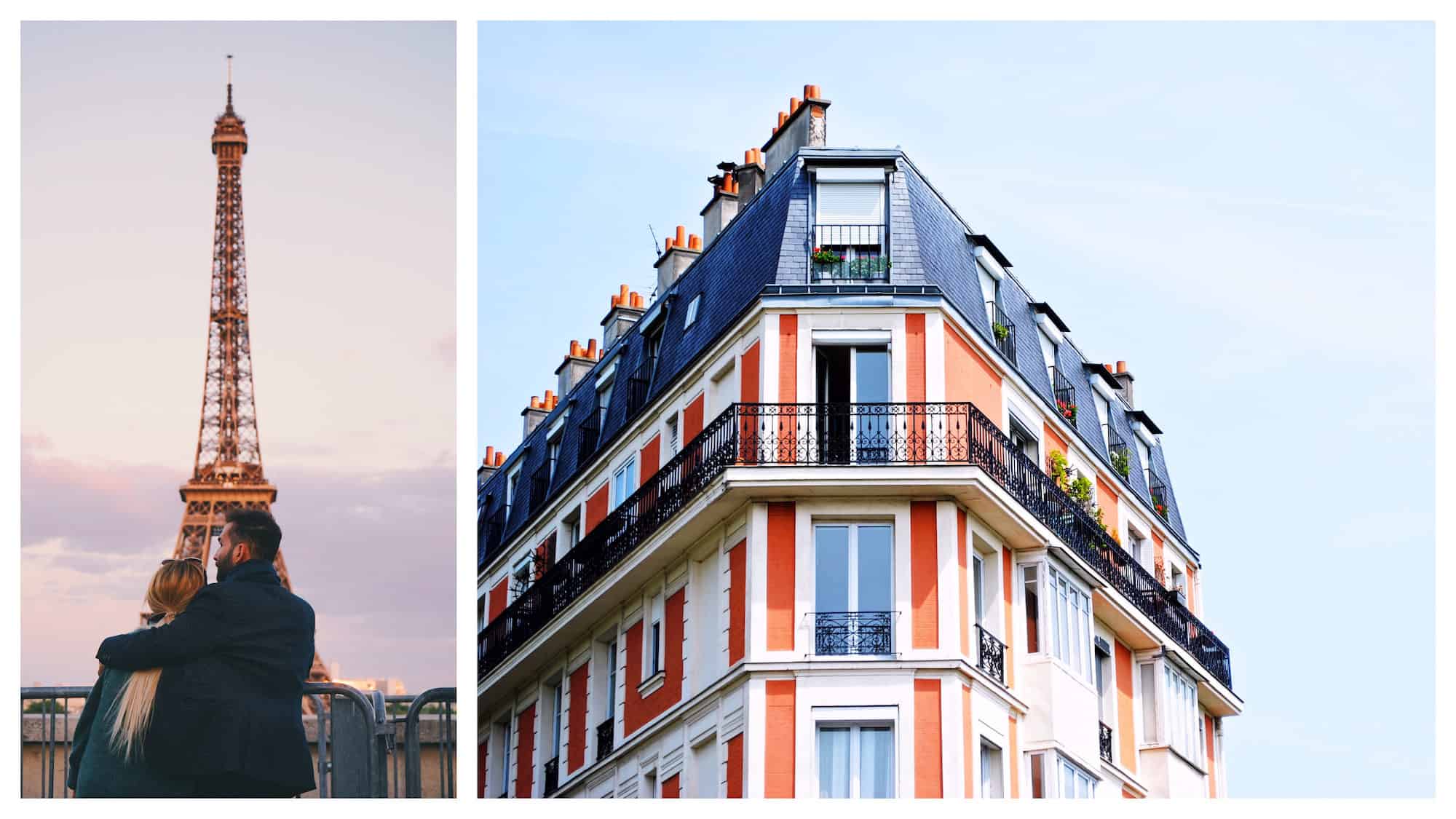 A couple look at the Eiffel Tower (left). An apartment building in Paris (right).
