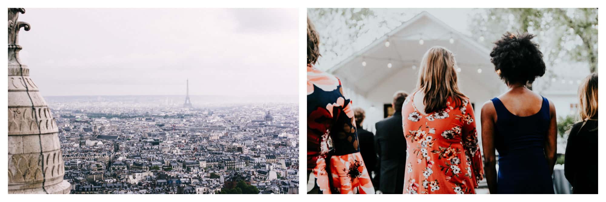 The view of Paris from the Sacré Coeur, with the Eiffel Tower in the background (left). A couple at a concert (right).