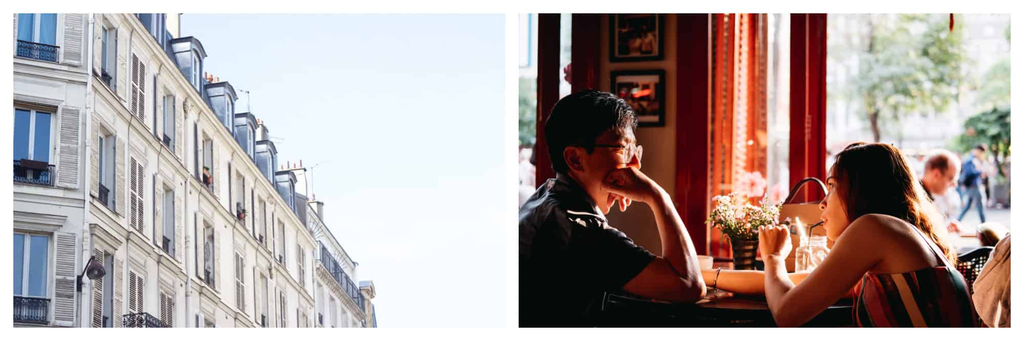 A white Parisian apartment building (left). An Asian couple having a drink at a café in Paris in summer (right).