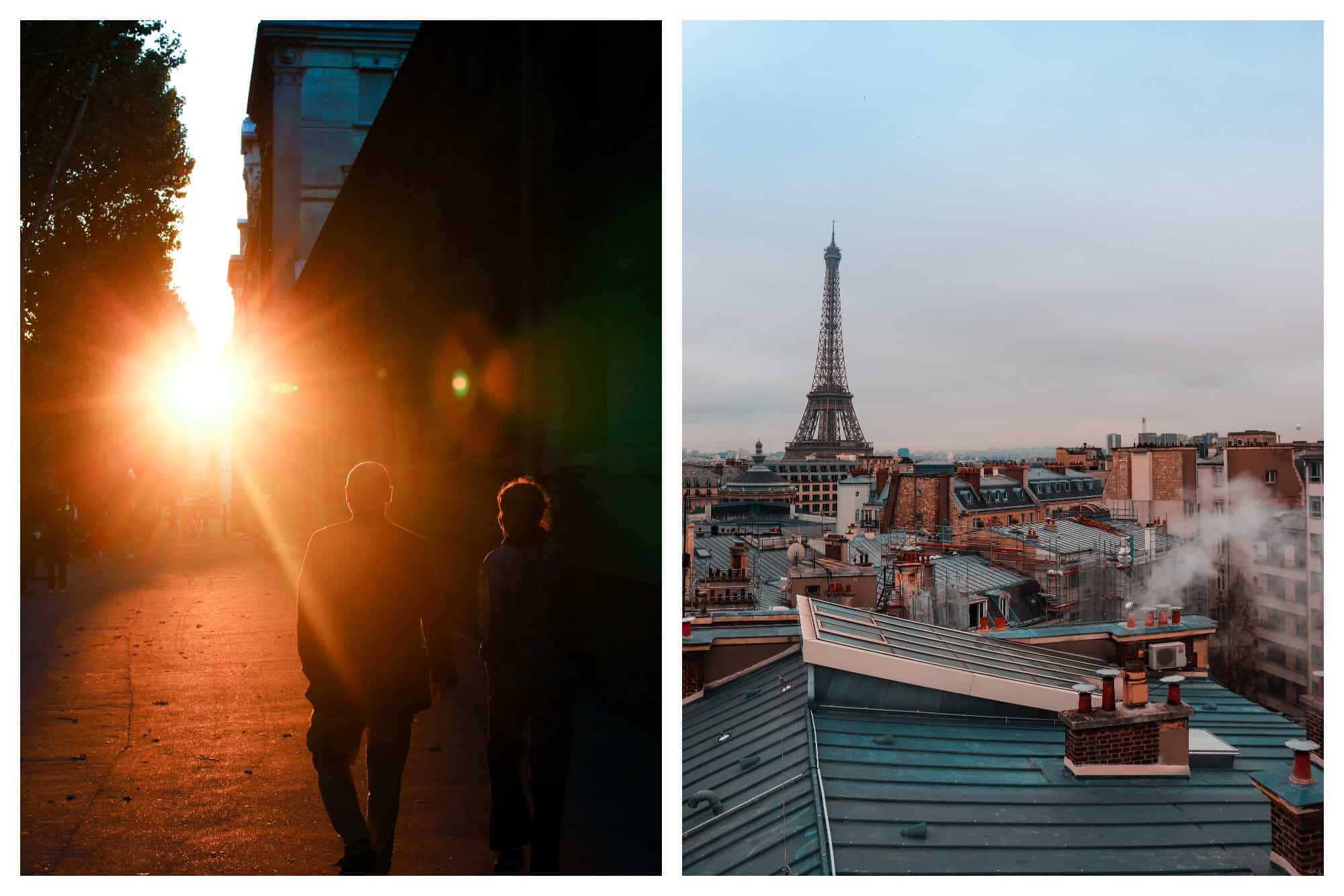 A couple strolling the streets of Paris at sunset (left). The Paris rooftops with the Eiffel Tower in the background (right).
