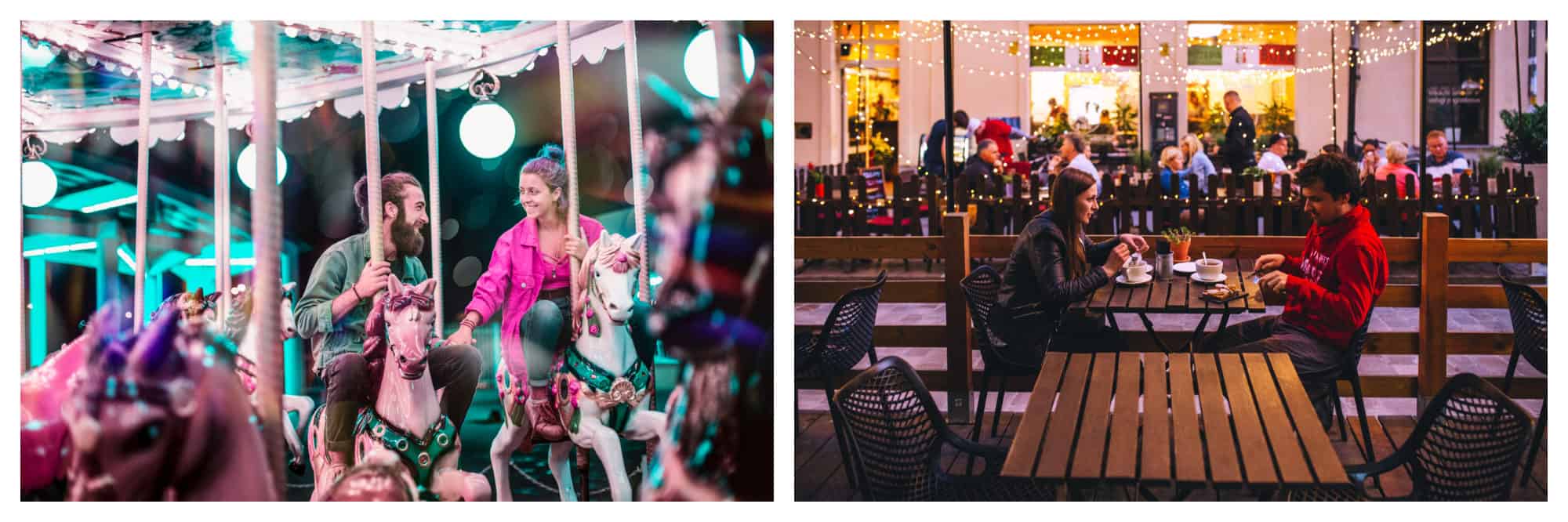 Paris has lots of date spots, including picturesque merry-go-rounds like the one this smiling couple if riding (left), as well as restaurants and bars (right).