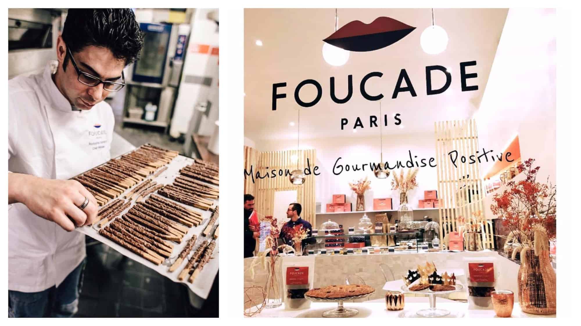 The baker at Foucade, gluten-free bakery in Paris (left) and its window with cakes displayed (right).