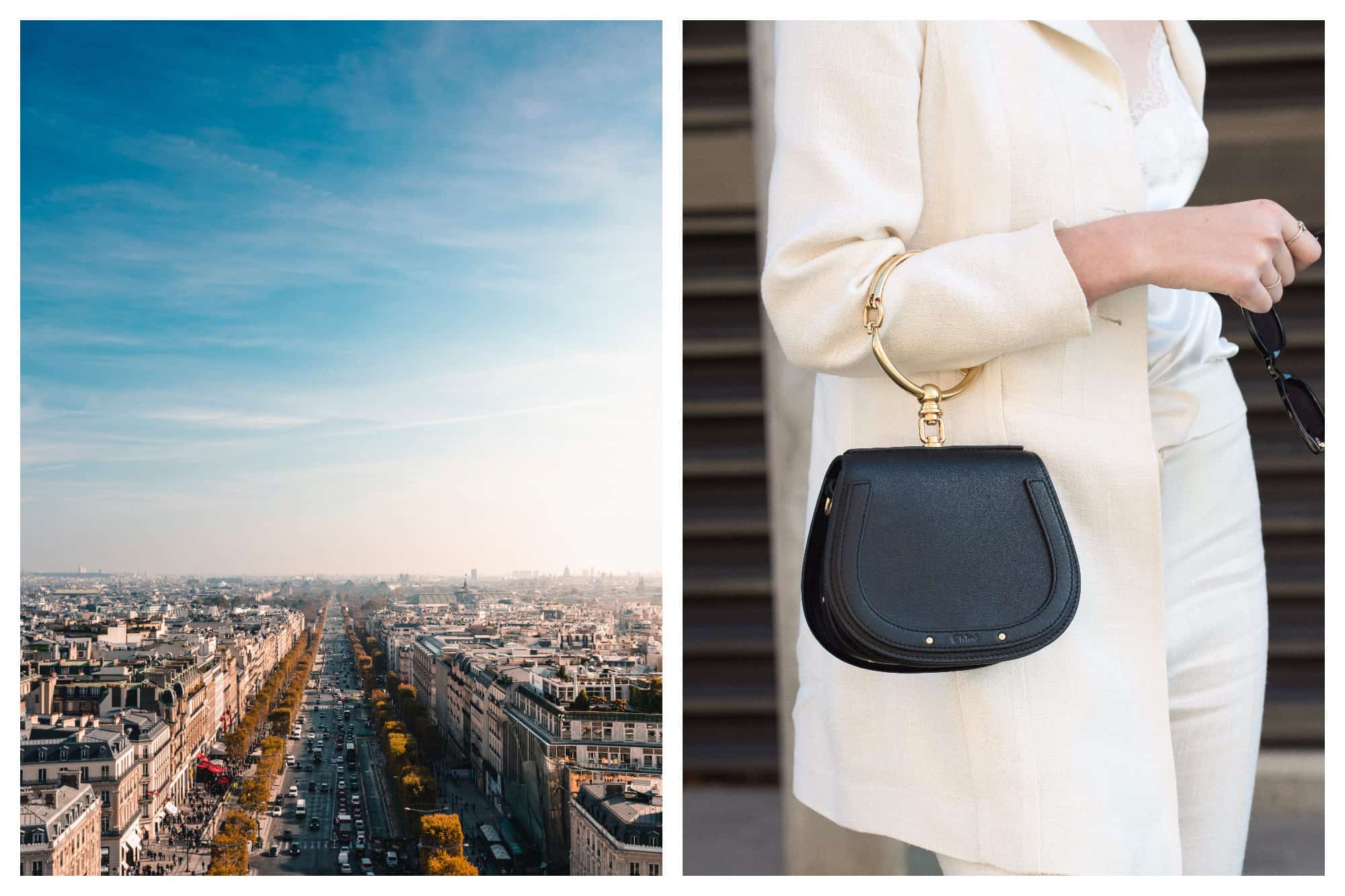 The view of the Champs Elysées in Paris against a blue sky (right). Where to shop for the right handbag in Paris like this smart black leather piece (right).