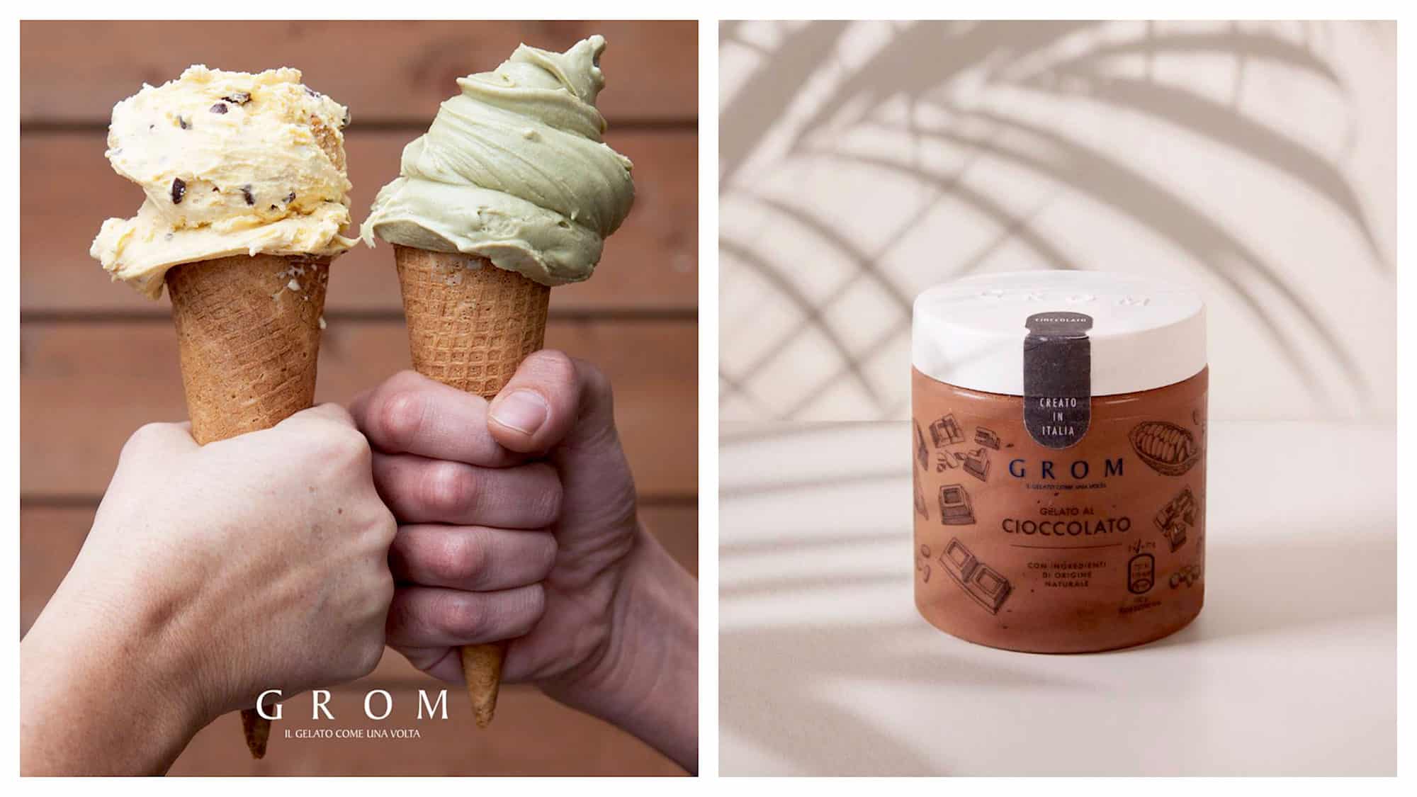 Buy gluten-free ice cream in Paris this summer at GROM, which serves generous portions of ice cream in cones (left) as well as chocolate spreads in pots to take home (right). 