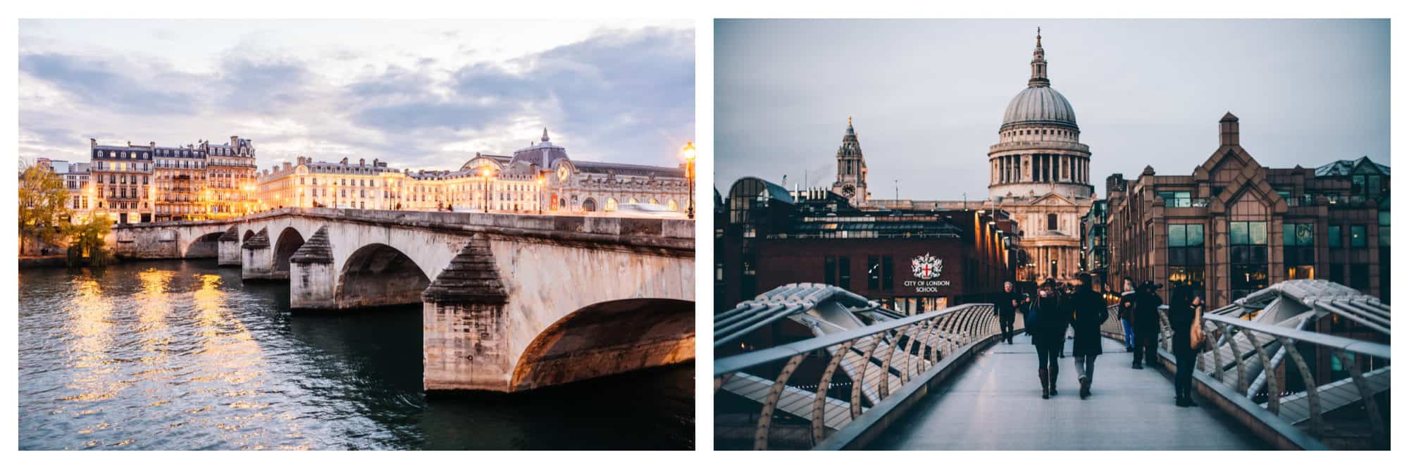 Paris at sunset, a stone bridge straddling the River Seine (left). London's Millenium Bridge with Saint Paul's Cathedral in the background (right).