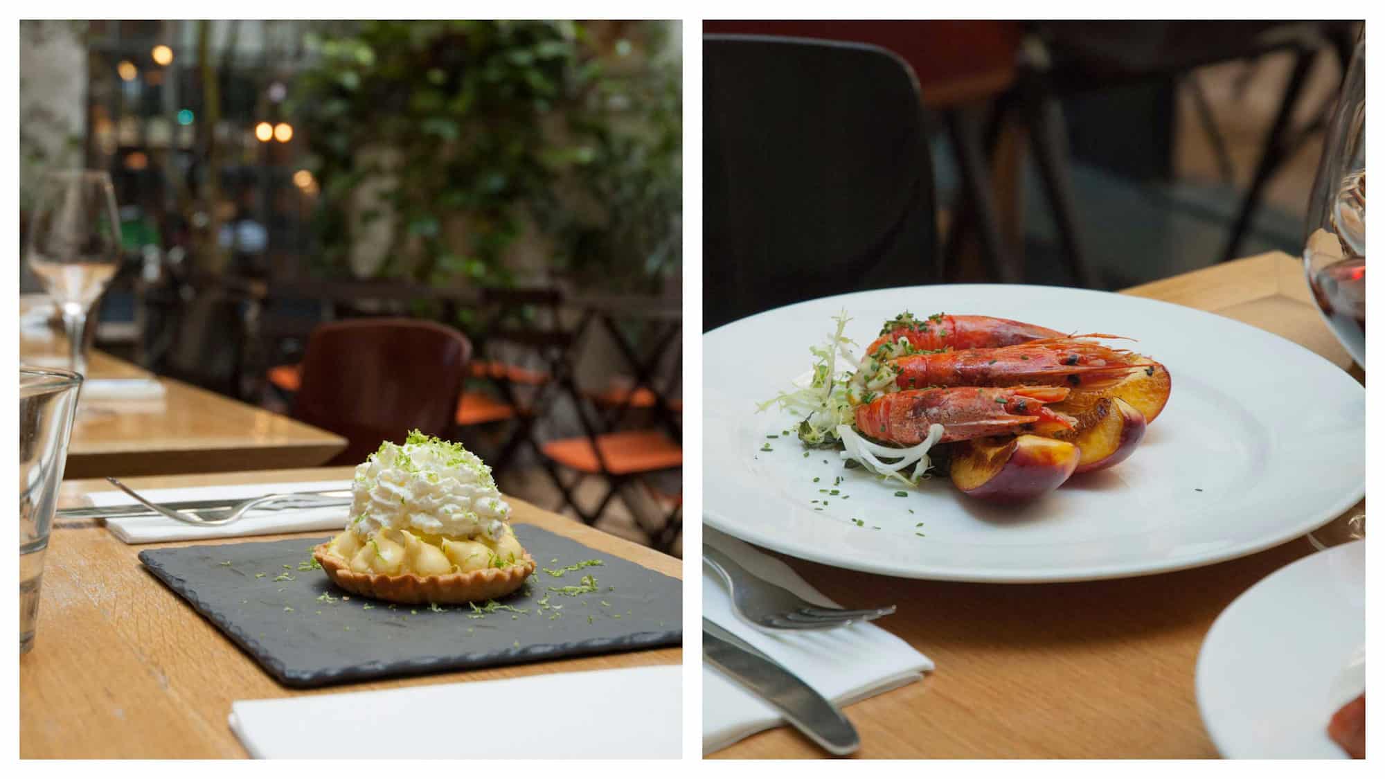 Tucked in the Marais in Paris, Jaja is one of the best places for modern French cuisine like Gambas with roast peaches (right) and lemon tart (left).