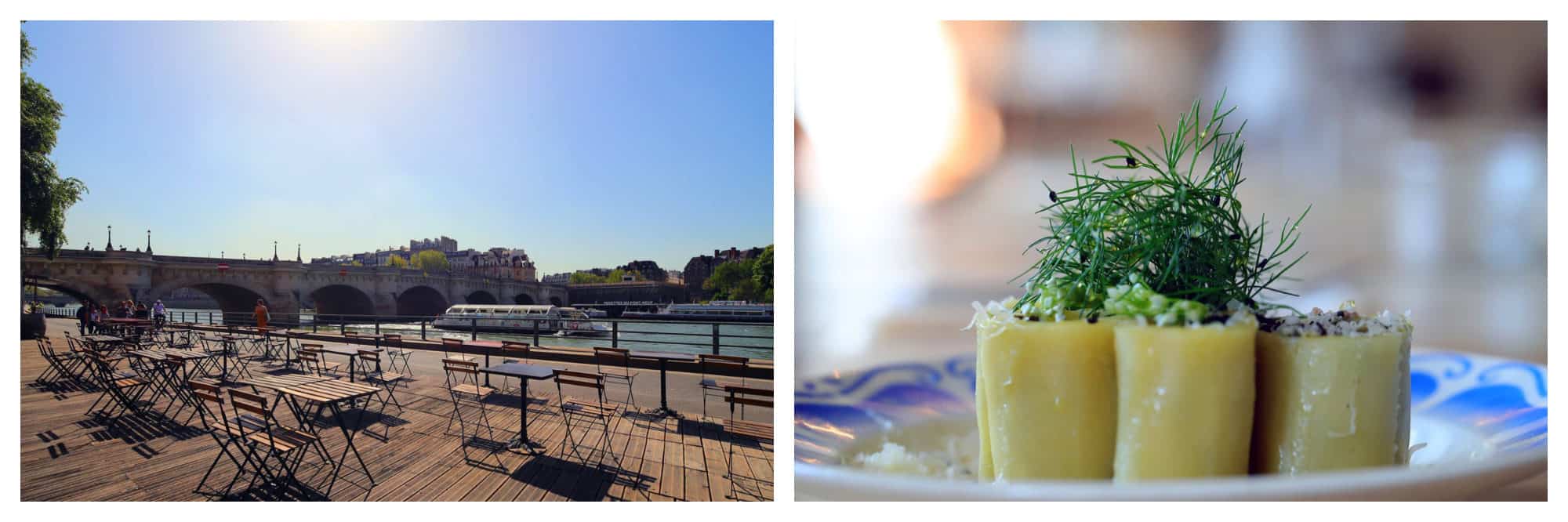Maison Maison terrace in Paris is a top spot for drinks on the River Seine (left) as well as healthy snacks like these quinoa rolls (right).