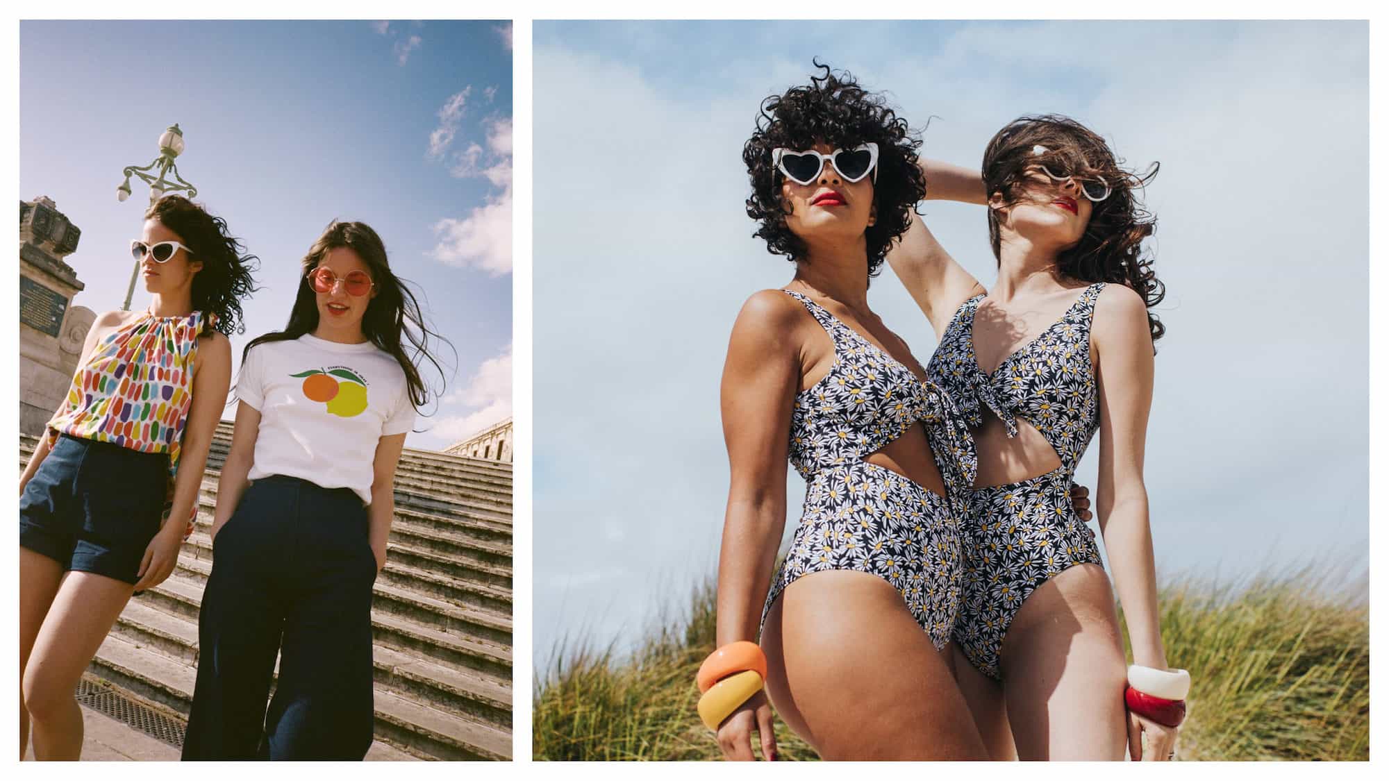 Dressing like a parisienne is about style, like these two girls standing on stone steps, wearing navu shorts and trousers matched with the perfect pair of retro sunglasses (left). Parisian summer style is all about retro sunglasses like these white-rimmed heart-shaped ones and vintage flower bathing suits (right) from Parisian brand Make My Lemonade.