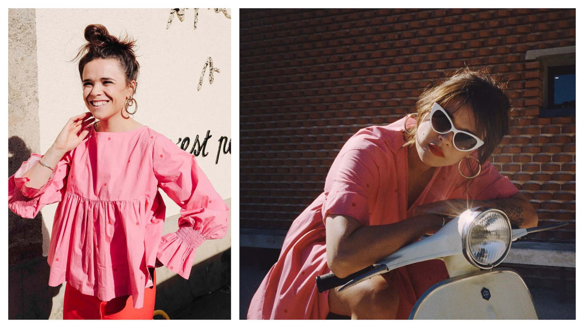 A French brand you have to know to look like a Parisian is Make My Lemonade for its retro pieces like this pink frill cuff blouse (left) and pink cotton dresses teamed with white-rimmed vintage shaped sunglasses (right).
