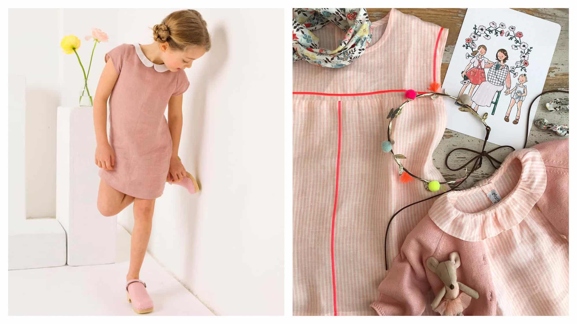 A little girl wearing a pink claudine-collar dress from Marie Puce (left). A selection of pink clothes for little girls (right).
