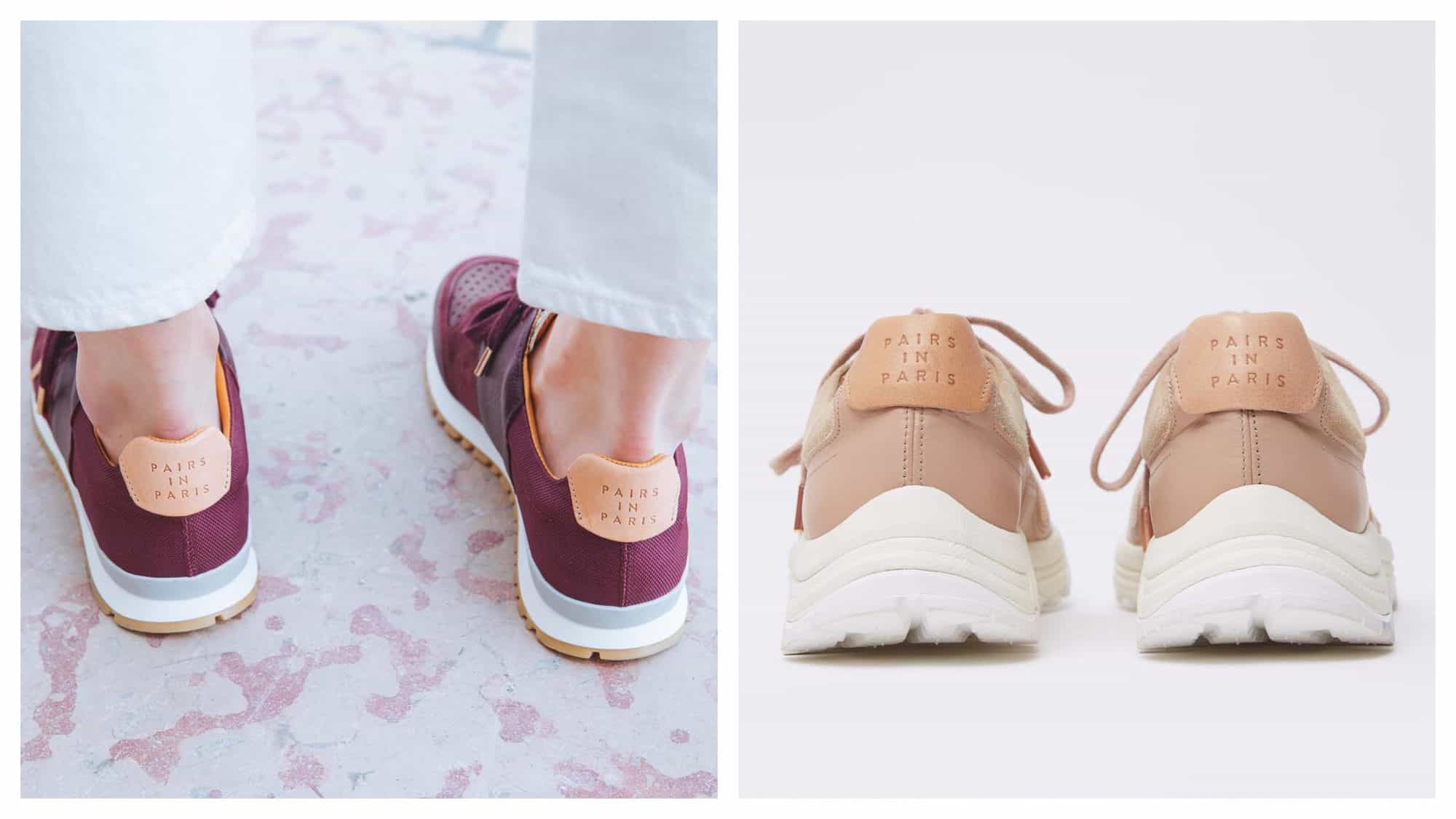 The Parisian shoe brand to shop is Paris in Paris, for its comfortable sneakers that come in different colors like this dark red ones (left) and beige pair (right).