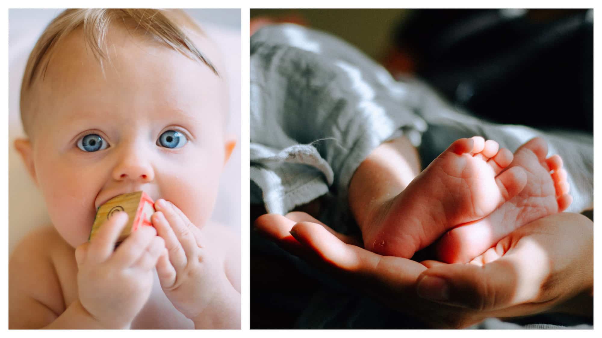 A blue-eyed baby boy chewing on a wooden cube (left). A baby in the arms of its parent, with its tiny feet in the foreground (right).