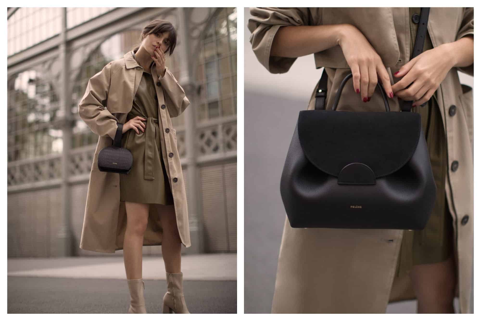 A Polène bag is the Parisian fashion essential, like this wrist bag (left) and well-cut black leather piece (right).
